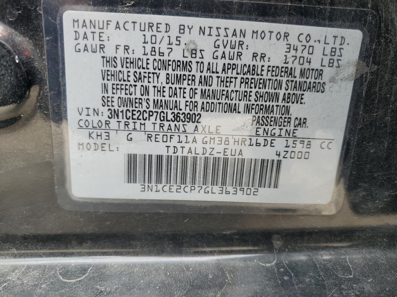 3N1CE2CP7GL363902 2016 Nissan Versa Note S