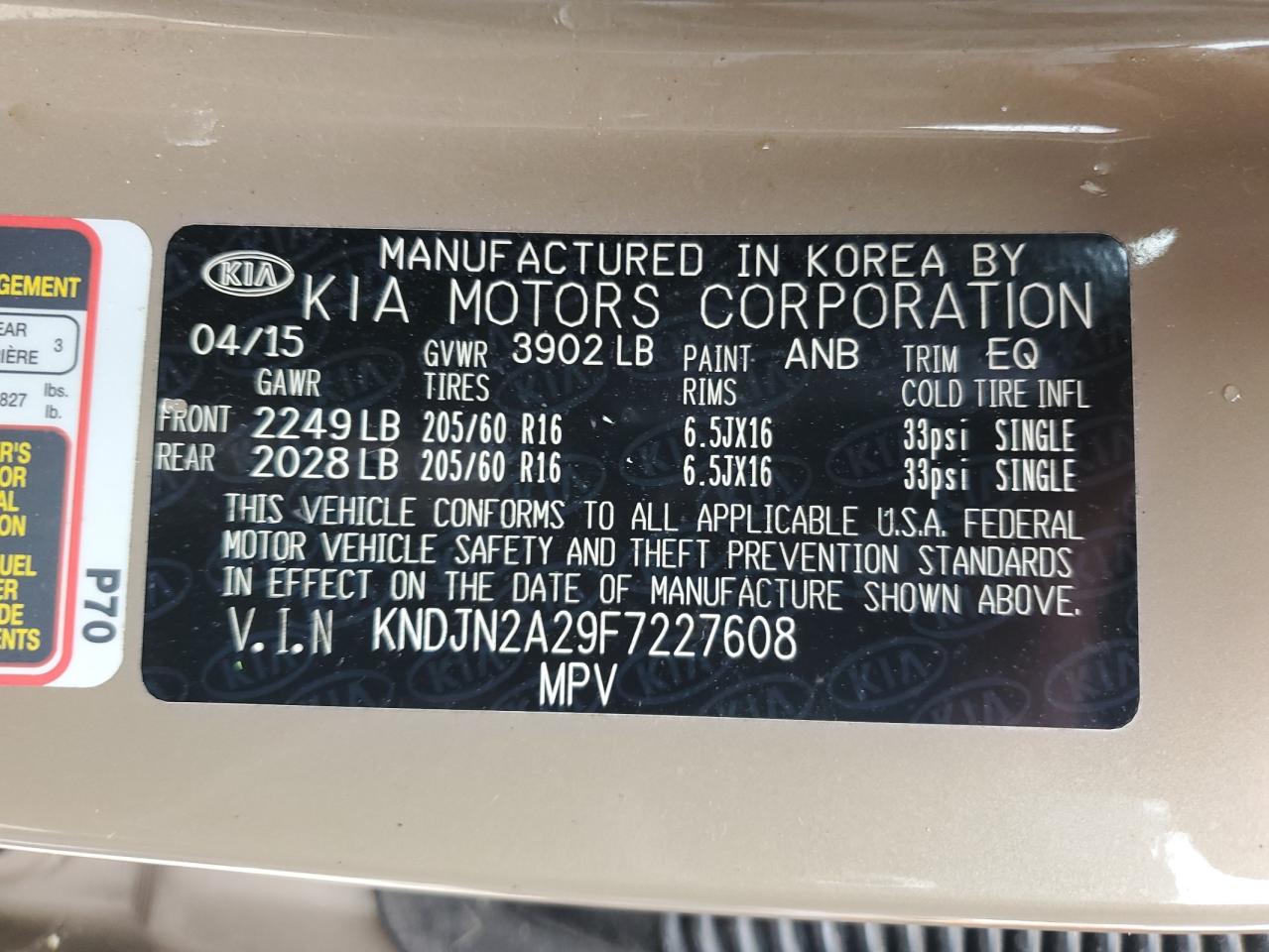 2015 Kia Soul VIN: KNDJN2A29F7227608 Lot: 61084174