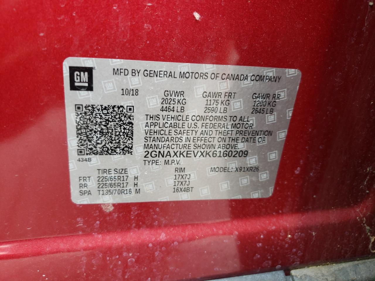 2019 Chevrolet Equinox Lt VIN: 2GNAXKEVXK6160209 Lot: 59112094