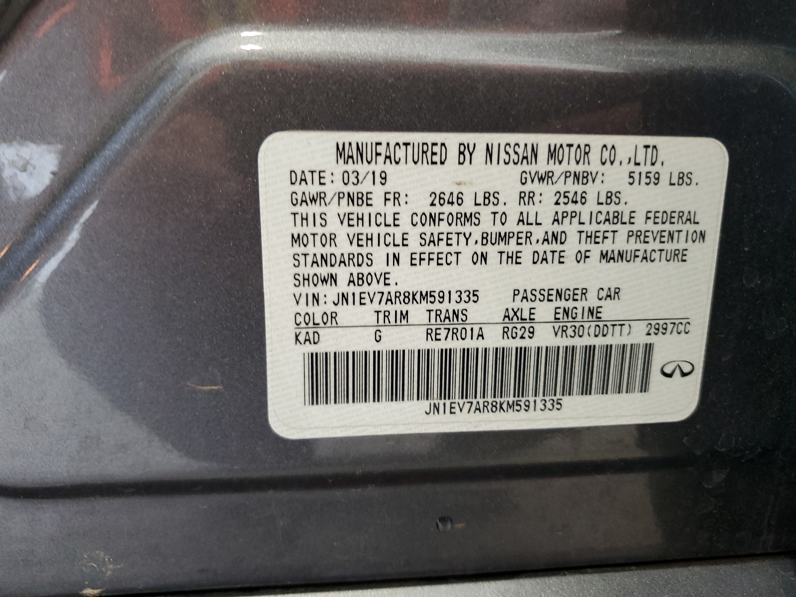 JN1EV7AR8KM591335 2019 Infiniti Q50 Luxe