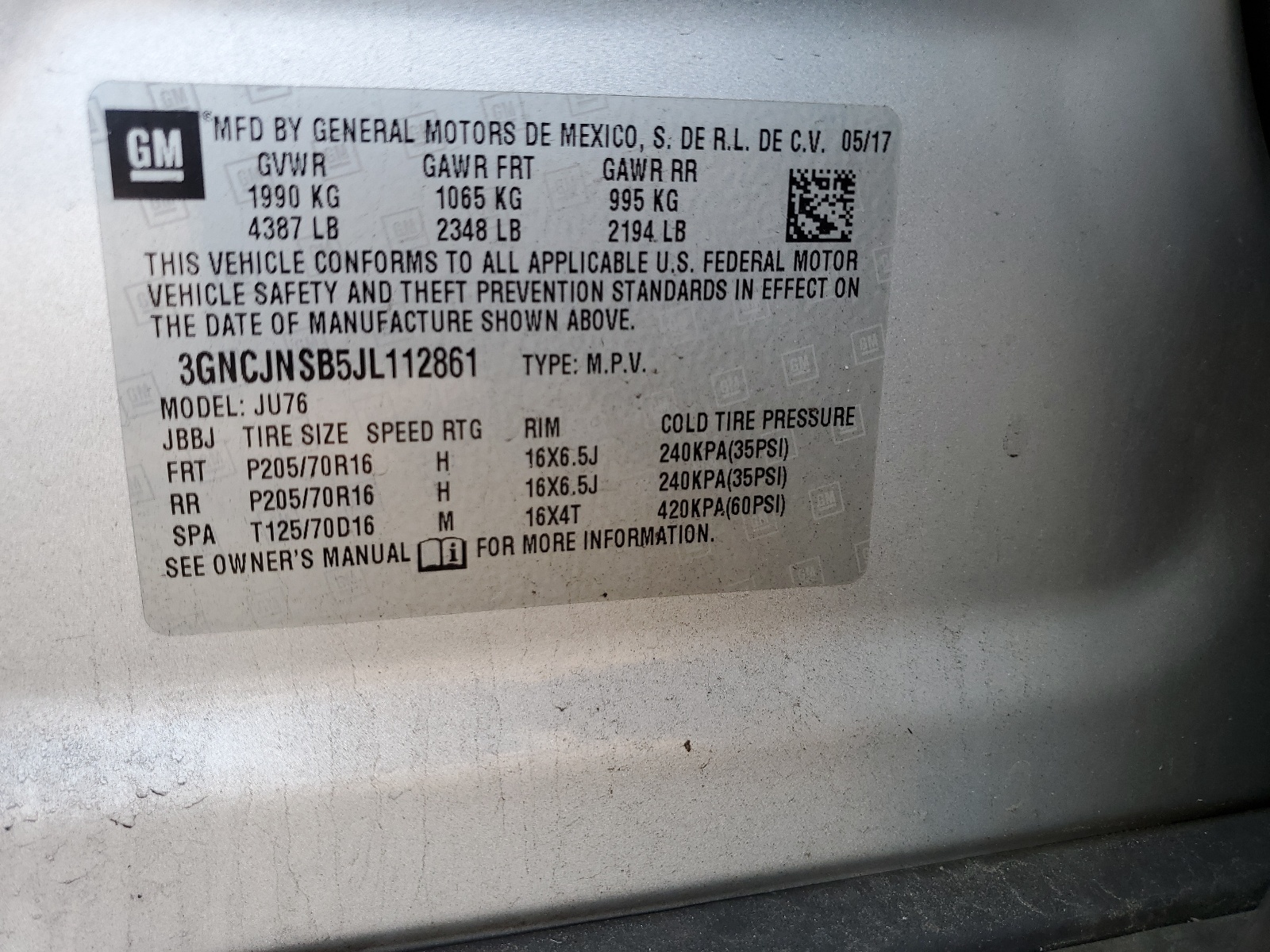 3GNCJNSB5JL112861 2018 Chevrolet Trax Ls