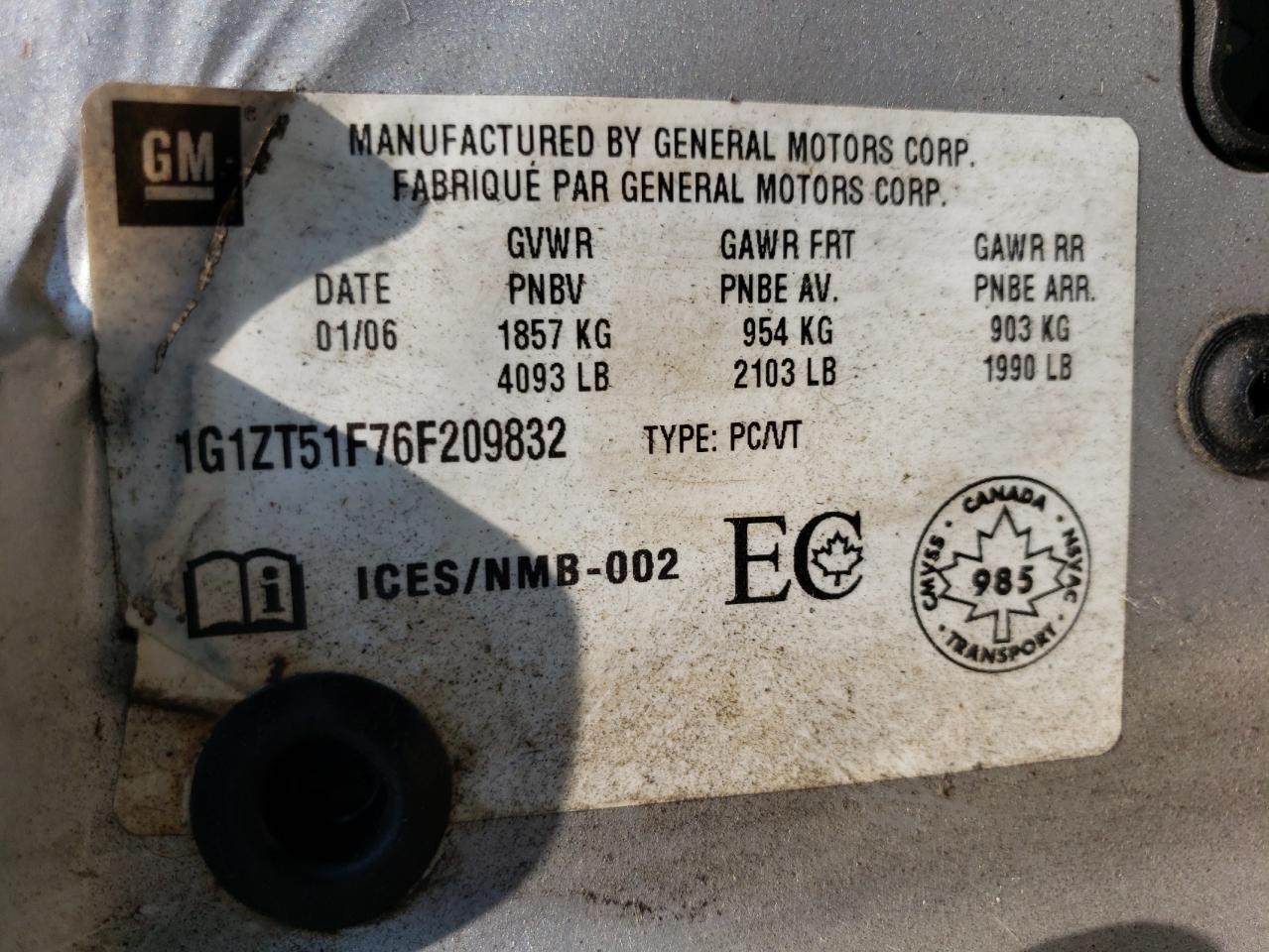 2006 Chevrolet Malibu Lt VIN: 1G1ZT51F76F209832 Lot: 59225504