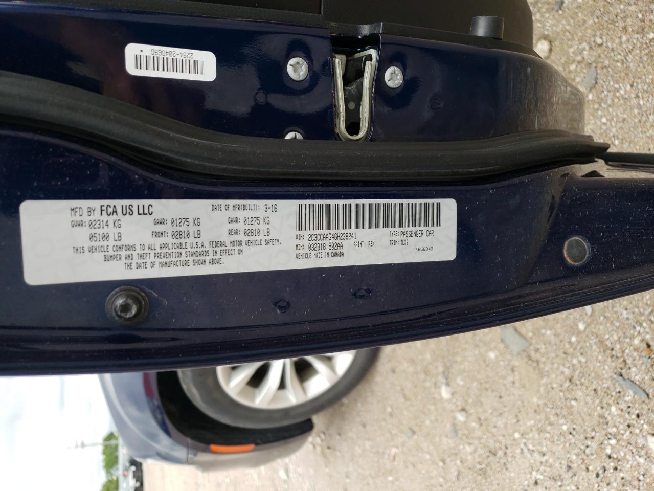 2016 Chrysler 300 Limited VIN: 2C3CCAAG4GH238241 Lot: 60055164