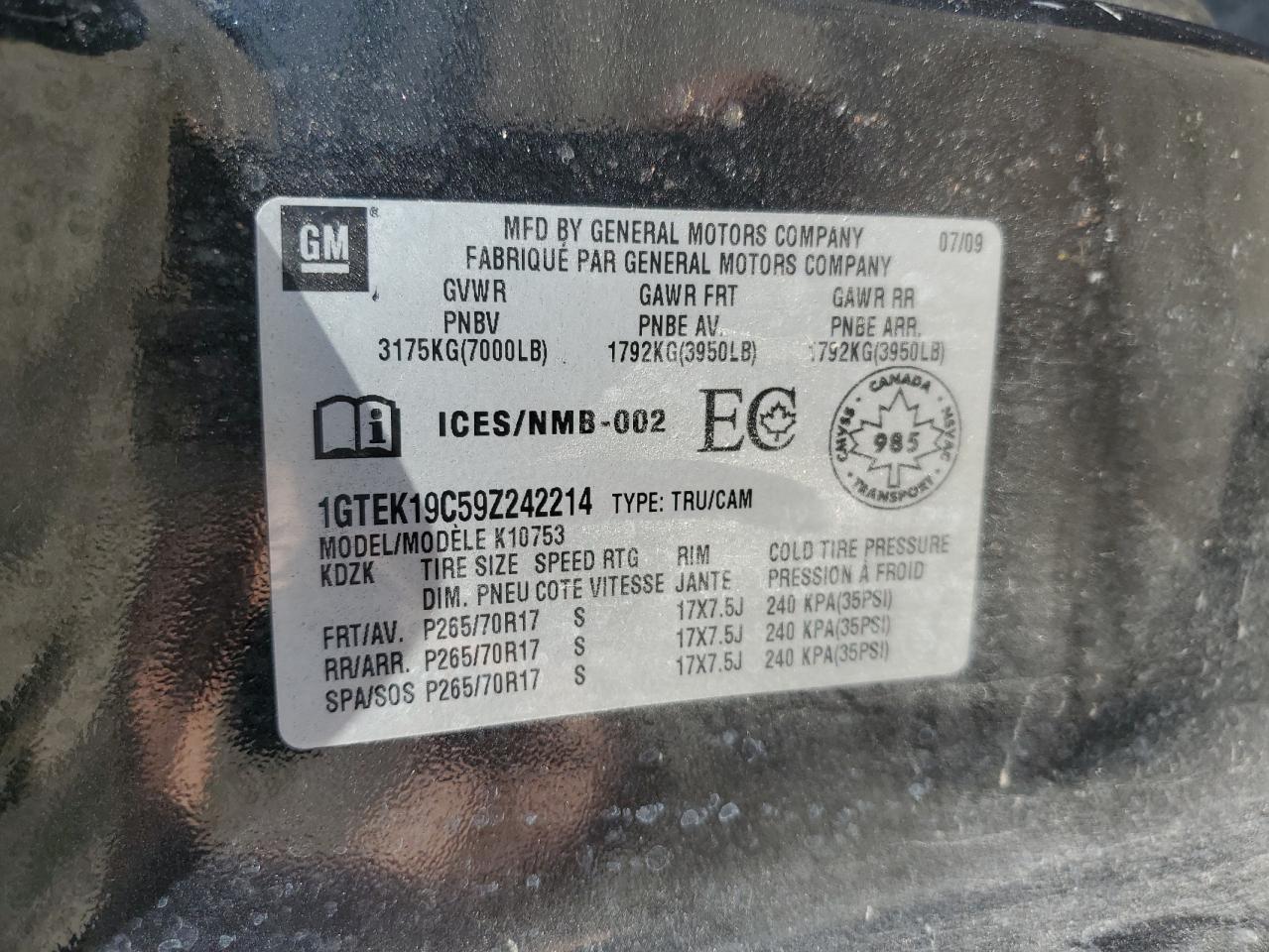 1GTEK19C59Z242214 2009 GMC Sierra K1500