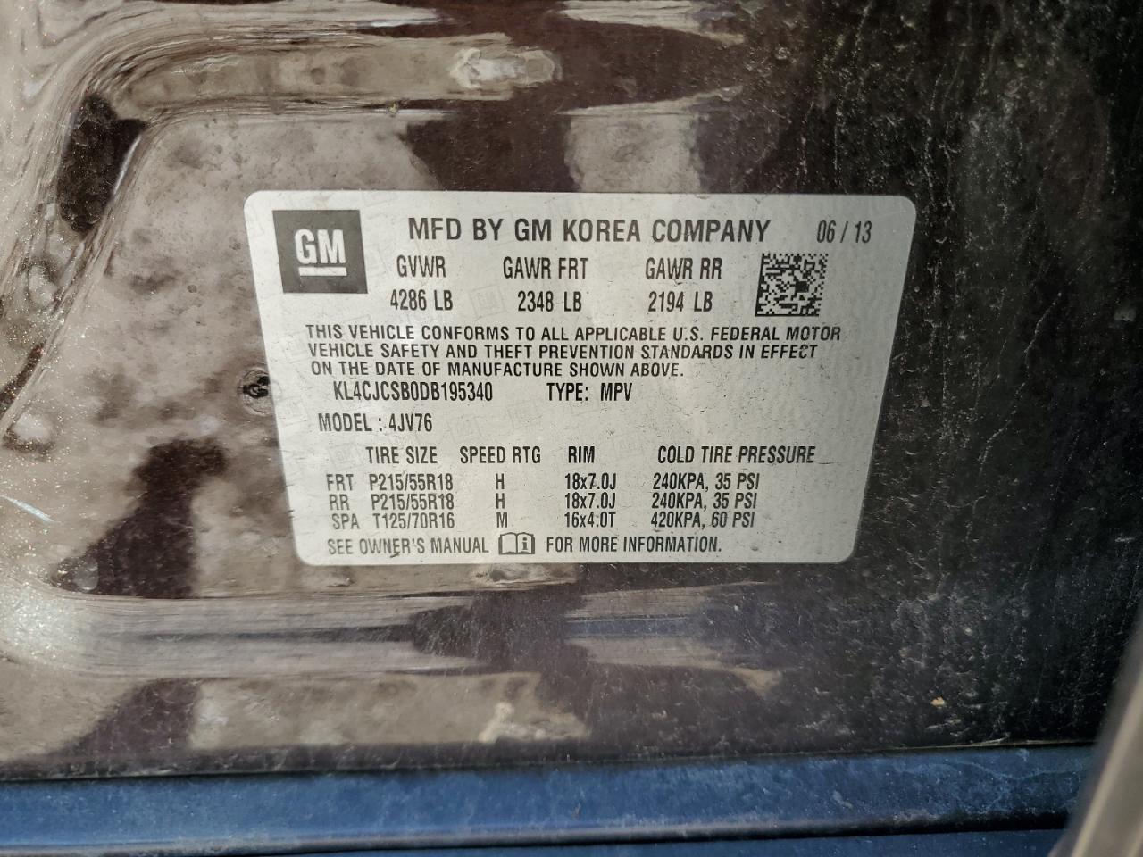 2013 Buick Encore VIN: KL4CJCSB0DB195340 Lot: 58129384