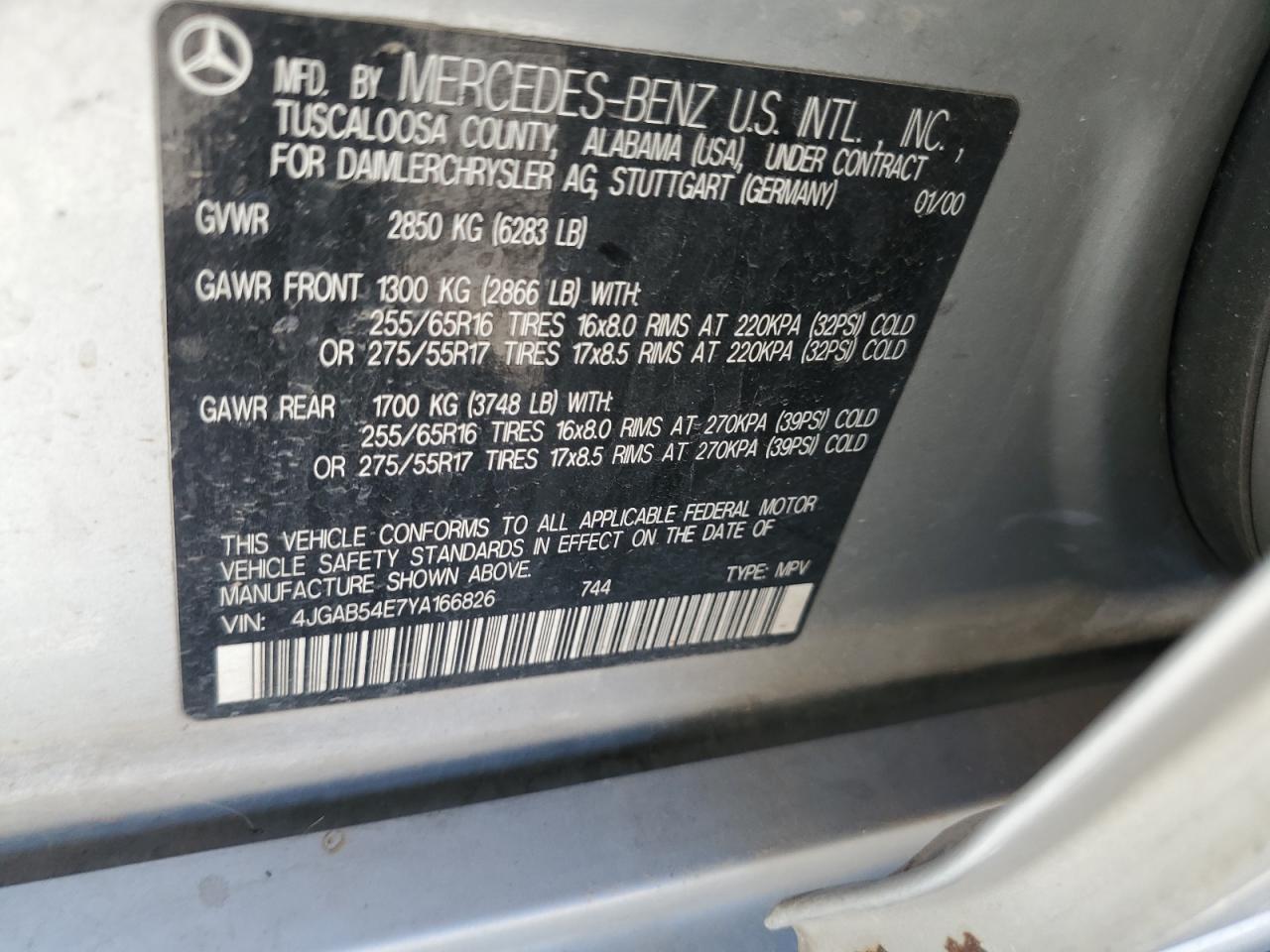 2000 Mercedes-Benz Ml 320 VIN: 4JGAB54E7YA166826 Lot: 59369424