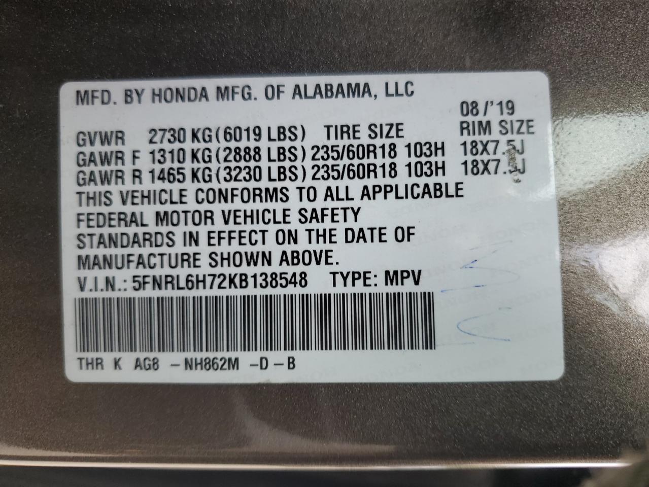 5FNRL6H72KB138548 2019 HONDA ODYSSEY - Image 13