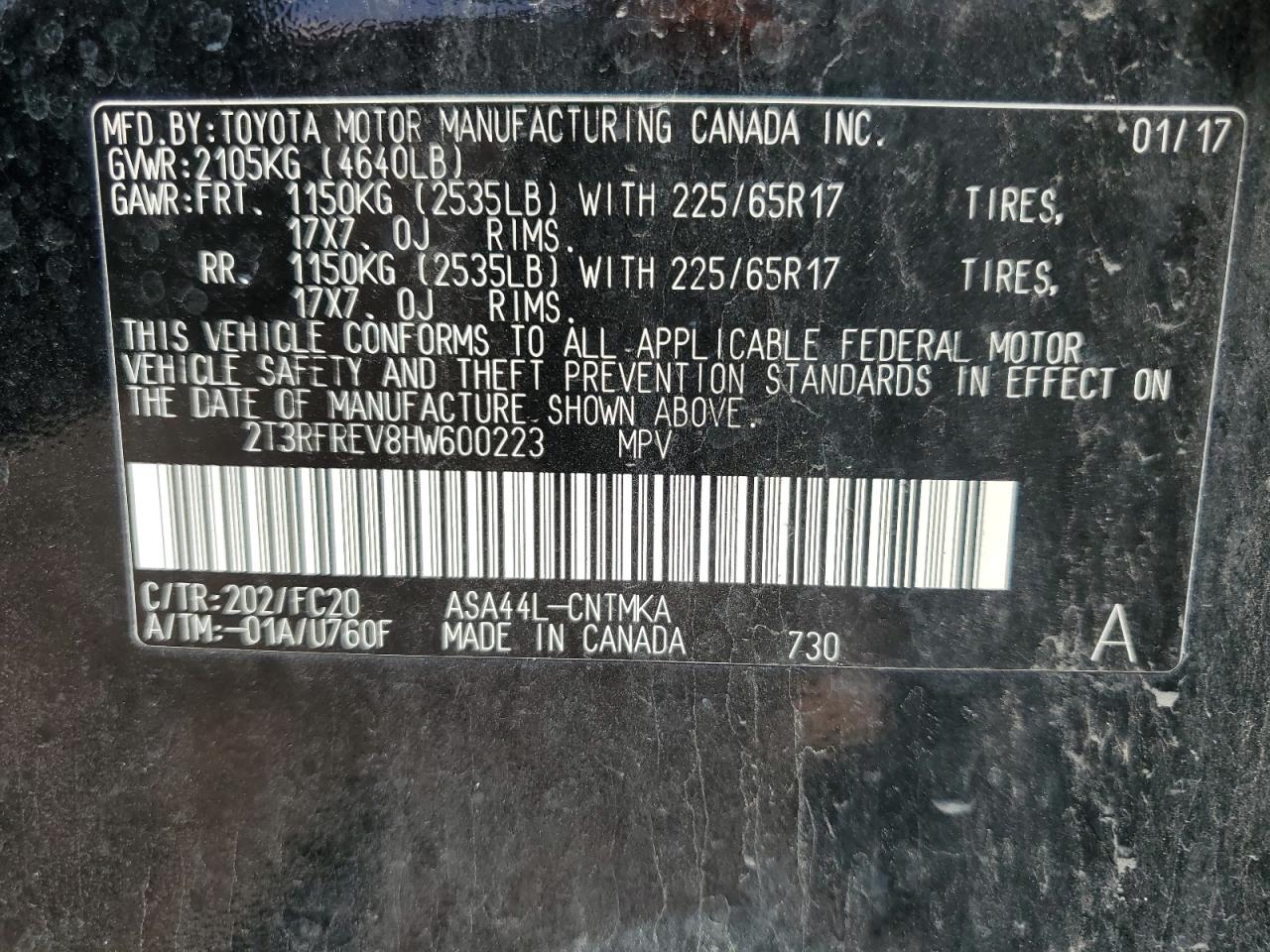 2017 Toyota Rav4 Xle VIN: 2T3RFREV8HW600223 Lot: 57255814