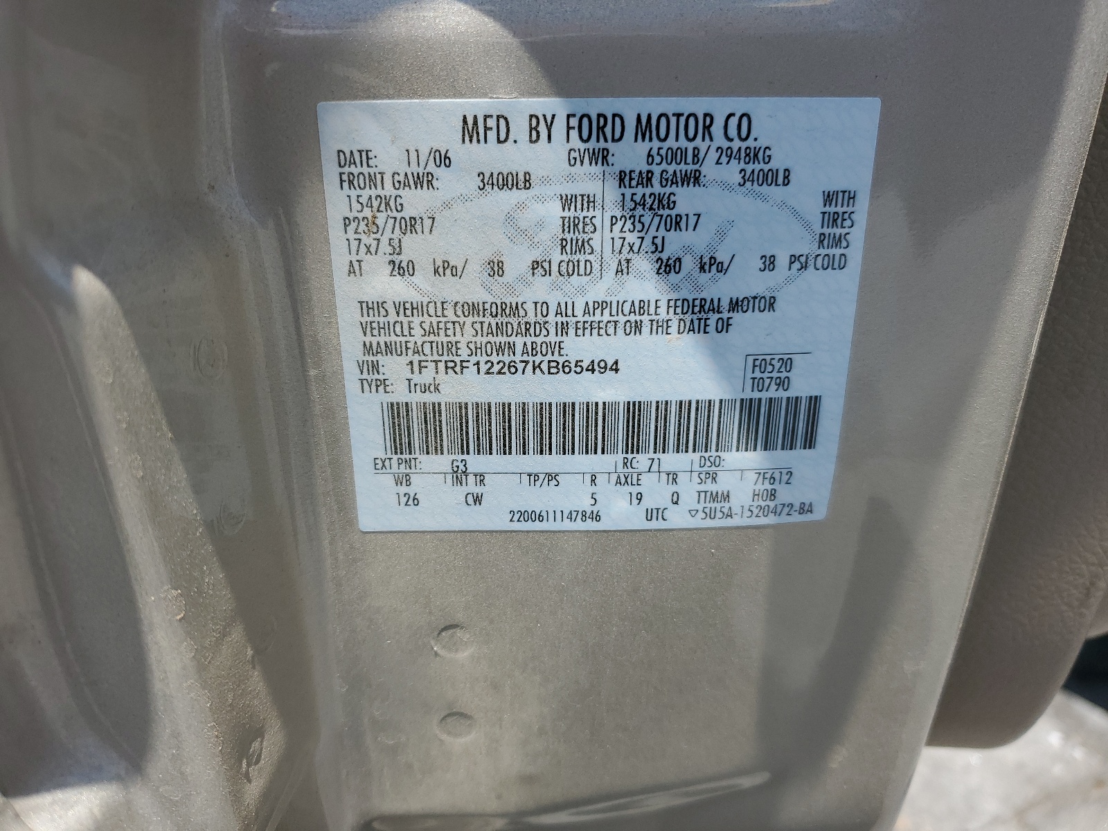 1FTRF12267KB65494 2007 Ford F150