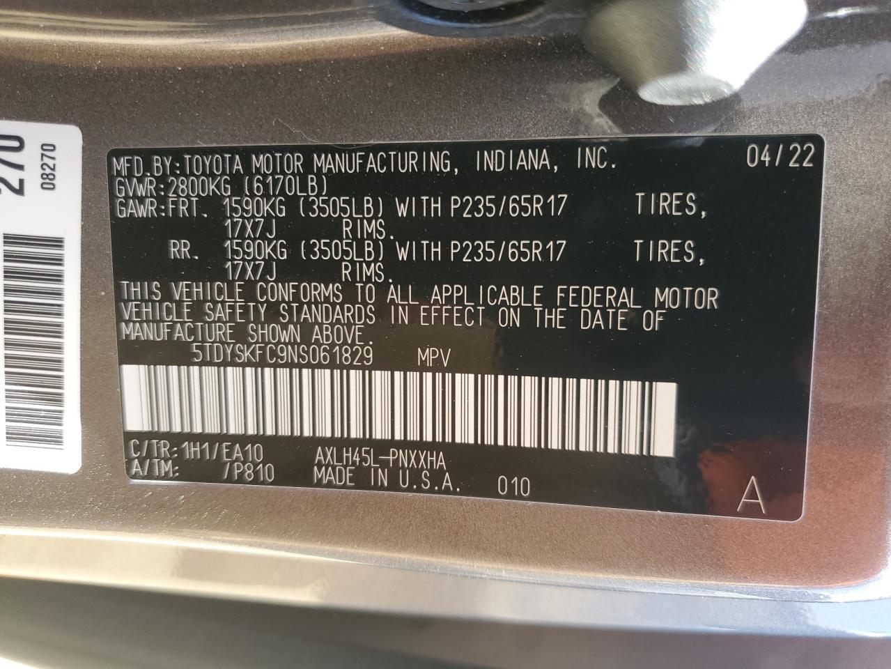 2022 Toyota Sienna Xle VIN: 5TDYSKFC9NS061829 Lot: 58535464