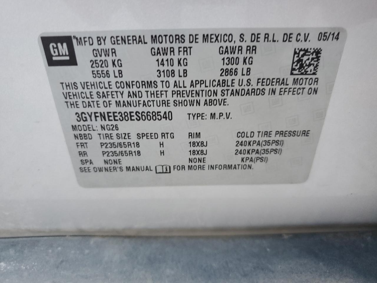 2014 Cadillac Srx Luxury Collection VIN: 3GYFNEE38ES668540 Lot: 58154004