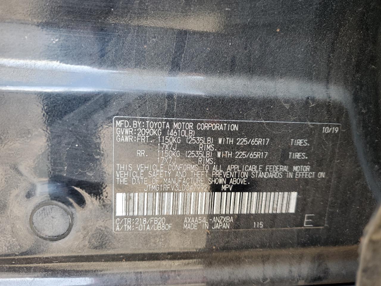 2020 Toyota Rav4 Le VIN: JTMG1RFV3LD047992 Lot: 59493774