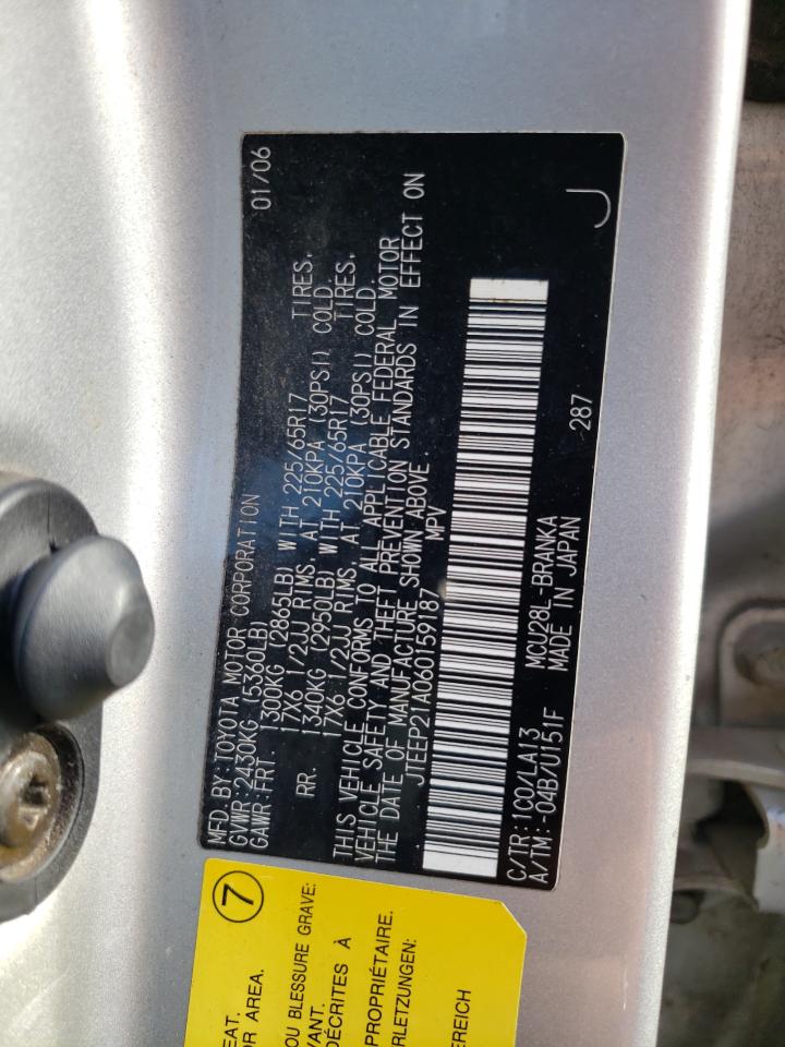 2006 Toyota Highlander Limited VIN: JTEEP21A060159187 Lot: 59345834