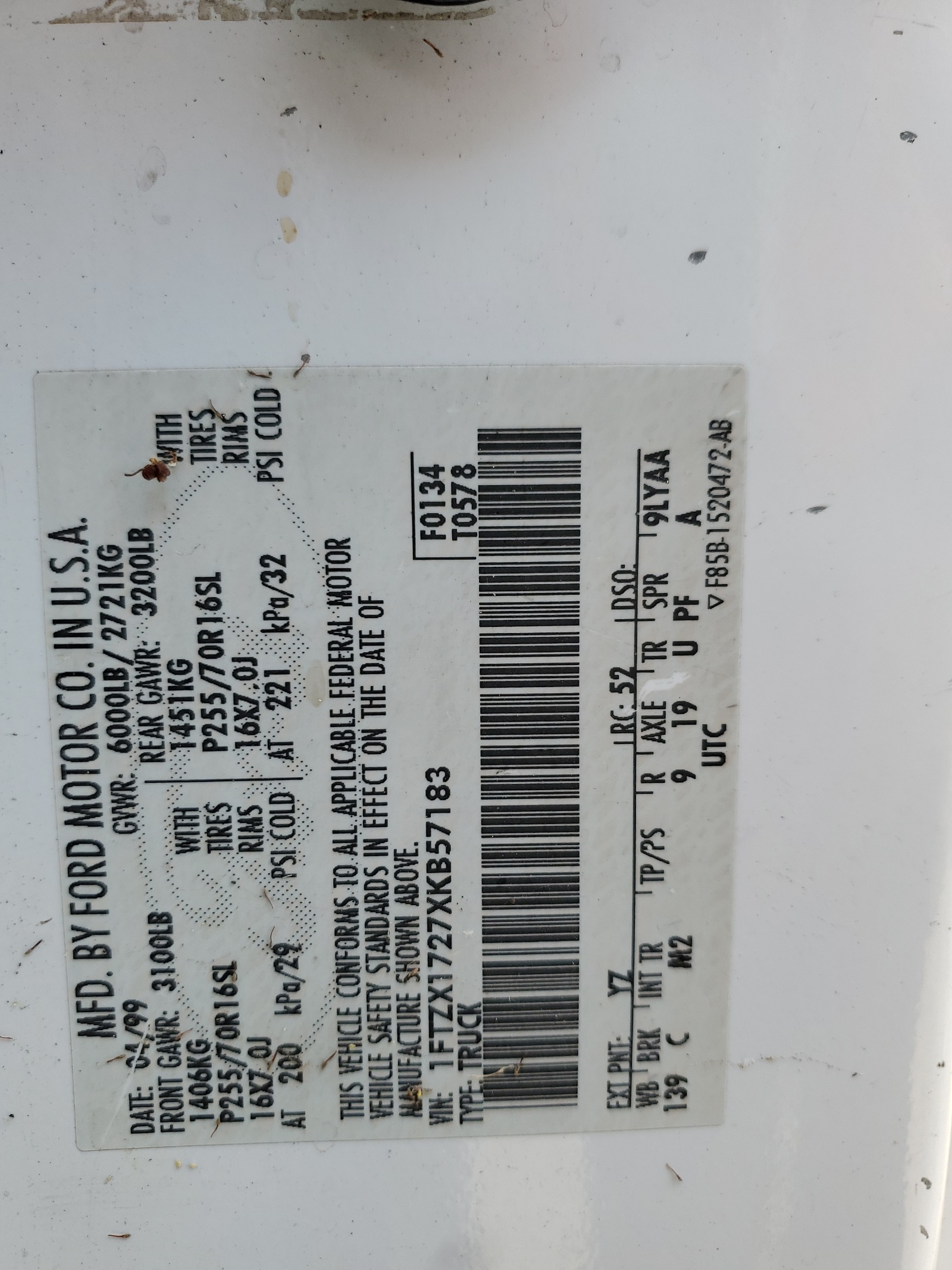 1FTZX1727XKB57183 1999 Ford F150