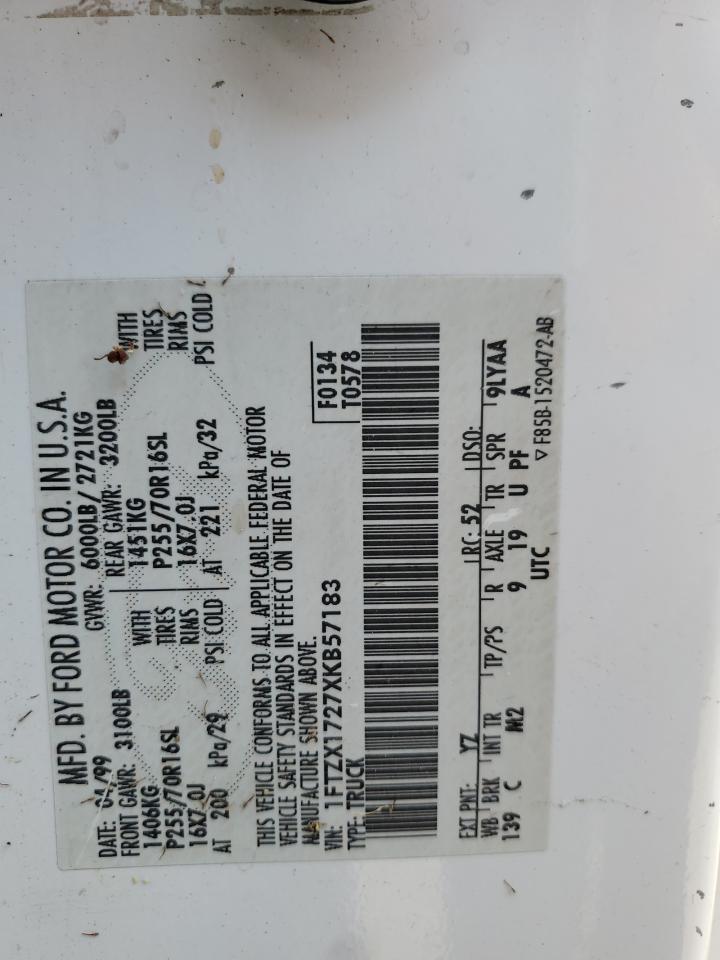 1999 Ford F150 VIN: 1FTZX1727XKB57183 Lot: 57610574