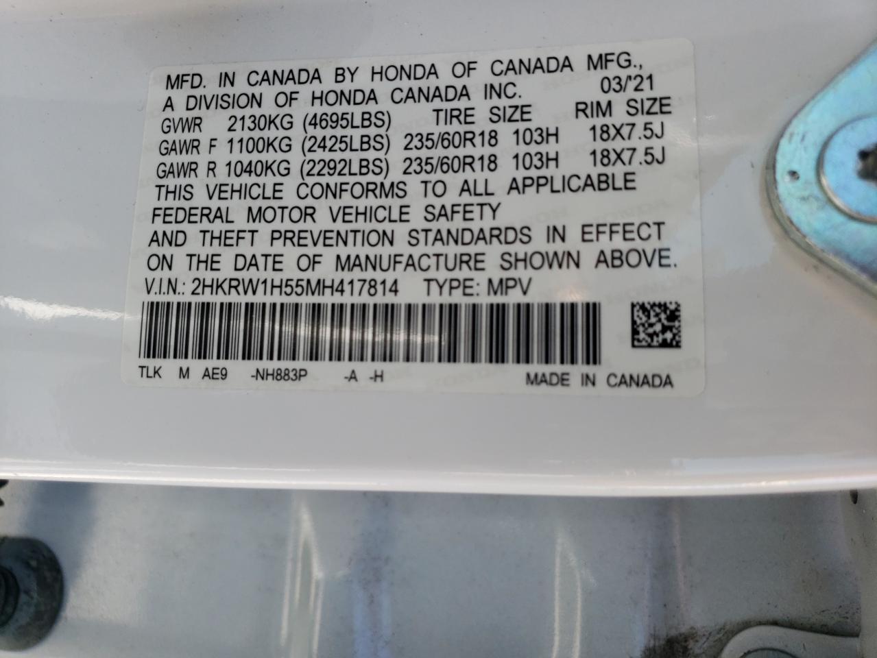 2021 Honda Cr-V Ex VIN: 2HKRW1H55MH417814 Lot: 62624724
