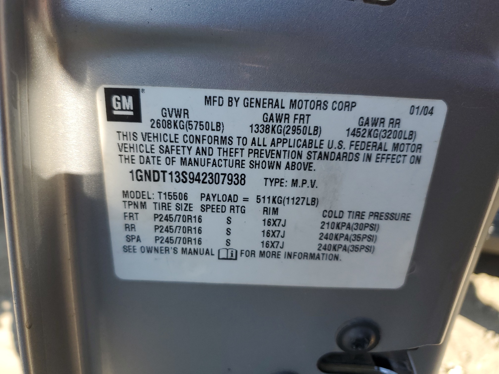 1GNDT13S942307938 2004 Chevrolet Trailblazer Ls