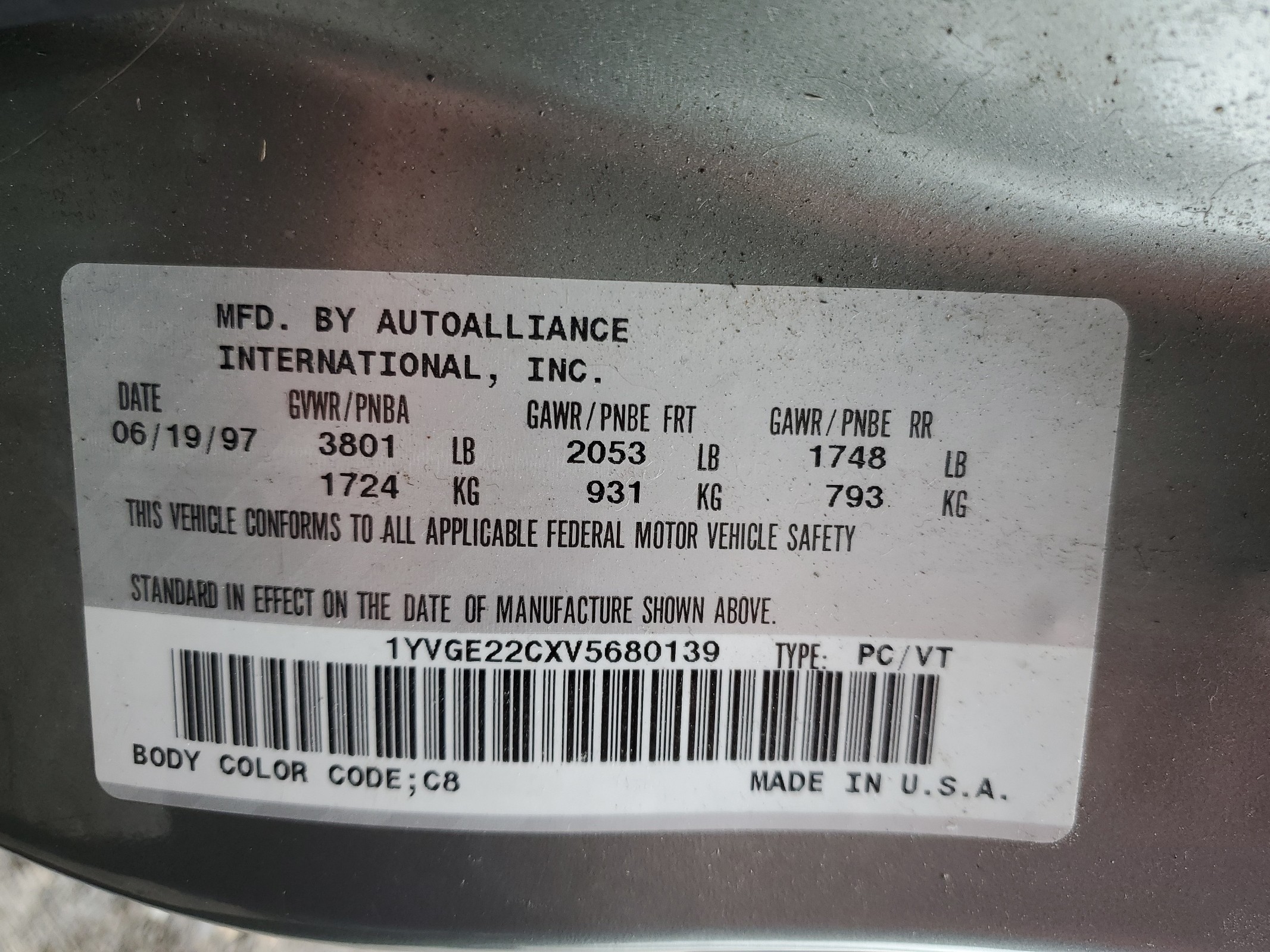 1YVGE22CXV5680139 1997 Mazda 626 Dx