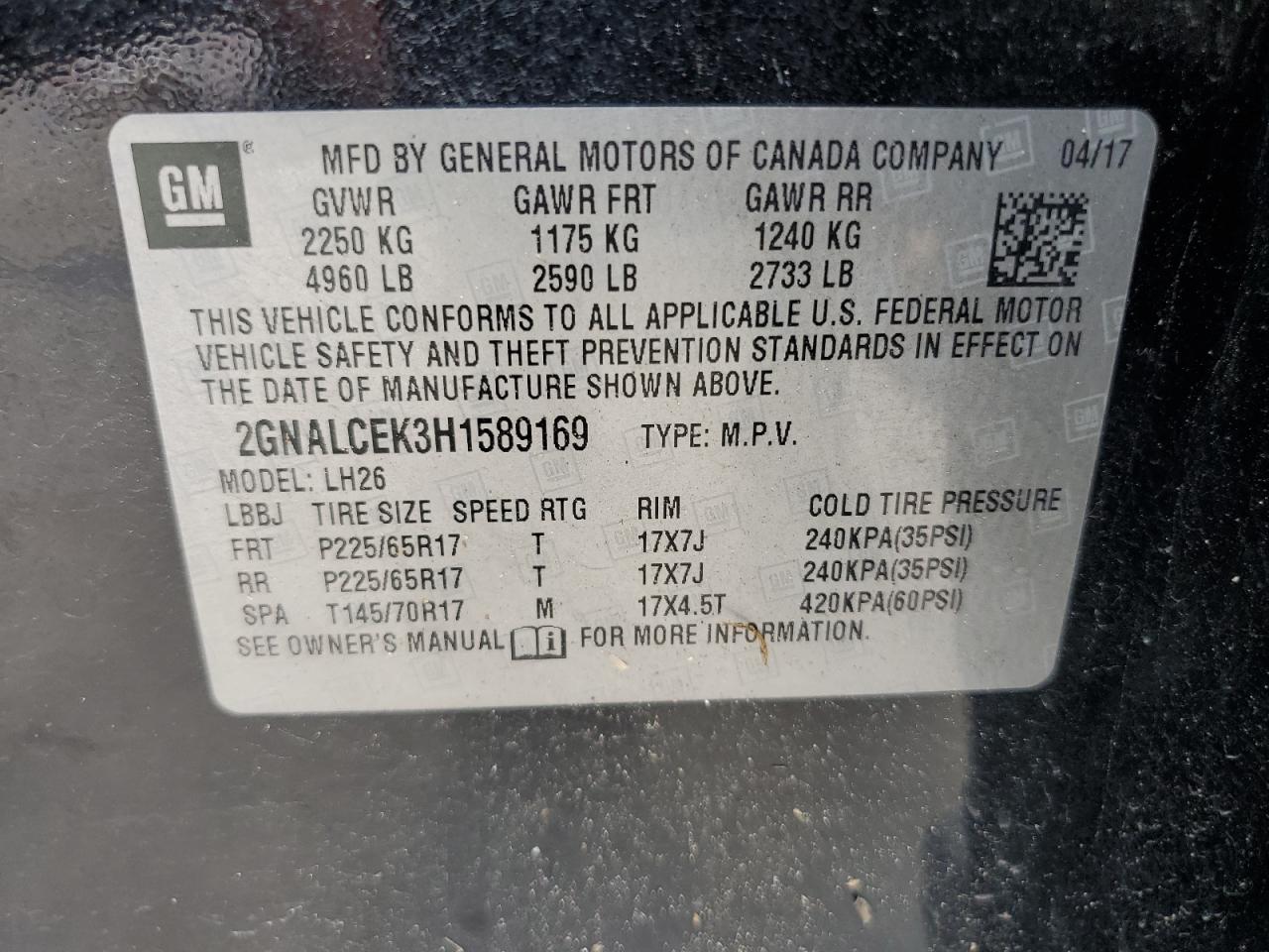 2017 Chevrolet Equinox Lt VIN: 2GNALCEK3H1589169 Lot: 60853014