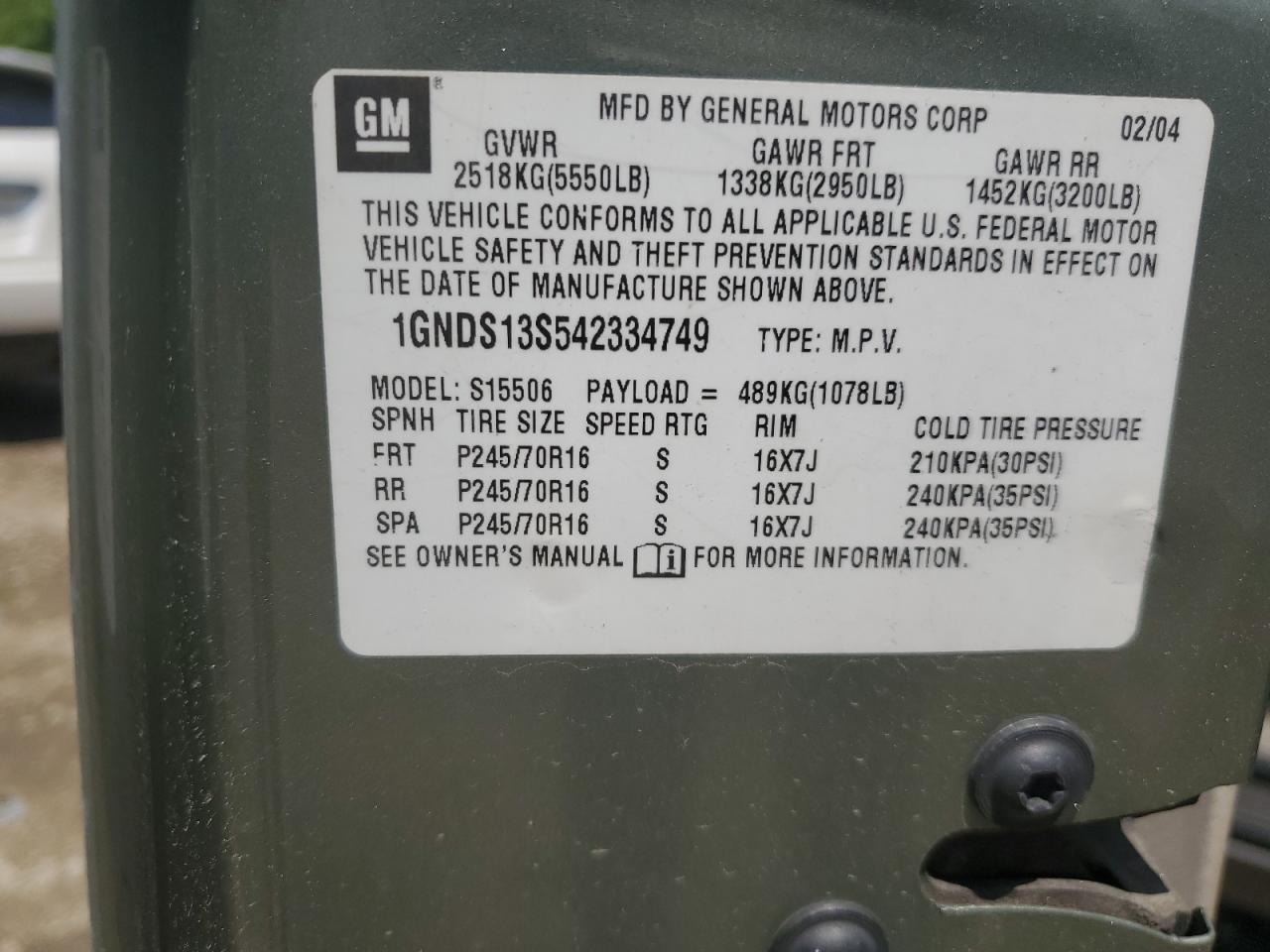 2004 Chevrolet Trailblazer Ls VIN: 1GNDS13S542334749 Lot: 61000244