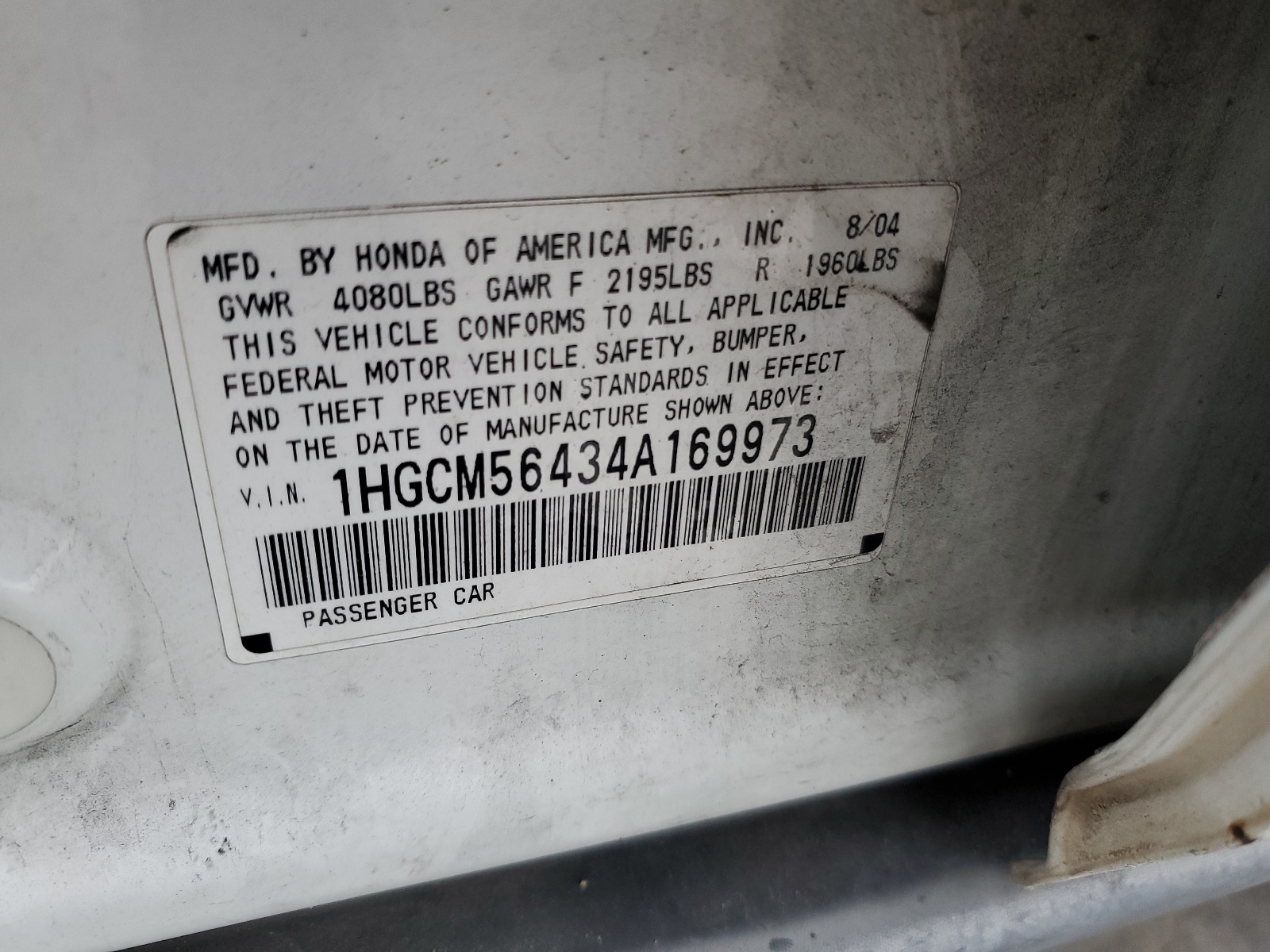 1HGCM56434A169973 2004 Honda Accord Lx