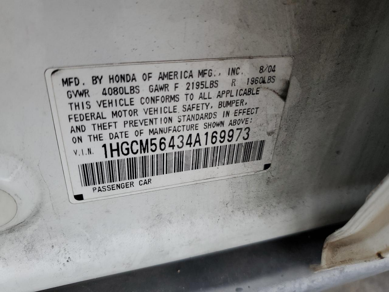 2004 Honda Accord Lx VIN: 1HGCM56434A169973 Lot: 60468414