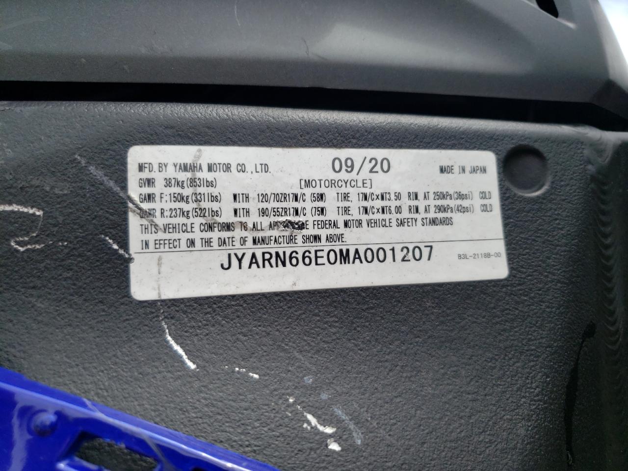 JYARN66E0MA001207 2021 Yamaha Yzfr1