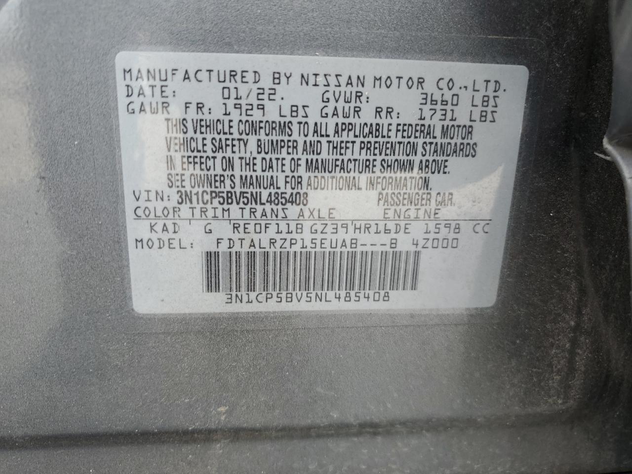 2022 Nissan Kicks S VIN: 3N1CP5BV5NL485408 Lot: 59862344