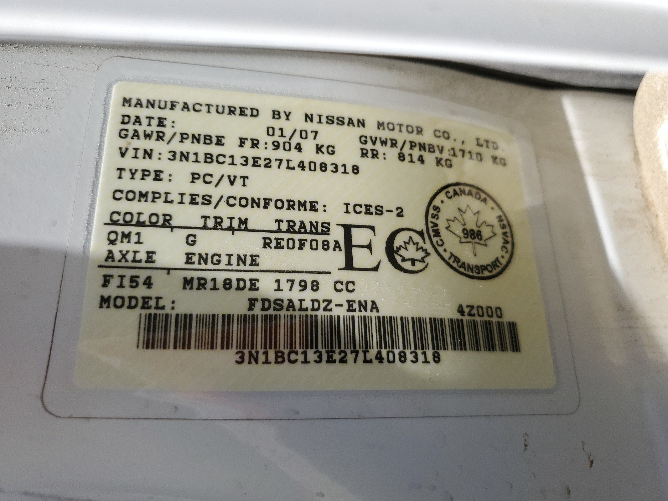 3N1BC13E27L408318 2007 Nissan Versa S
