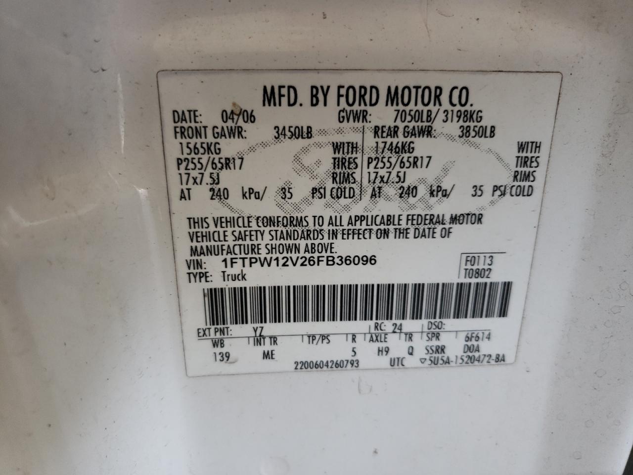 2006 Ford F150 Supercrew VIN: 1FTPW12V26FB36096 Lot: 60809934