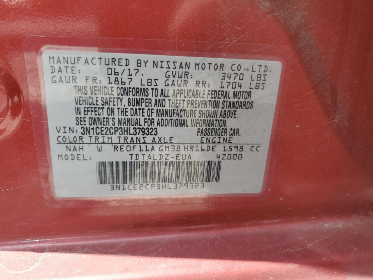 2017 Nissan Versa Note S VIN: 3N1CE2CP3HL379323 Lot: 59515034