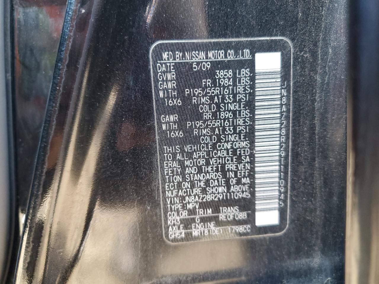 2009 Nissan Cube Base VIN: JN8AZ28R29T110945 Lot: 51736945