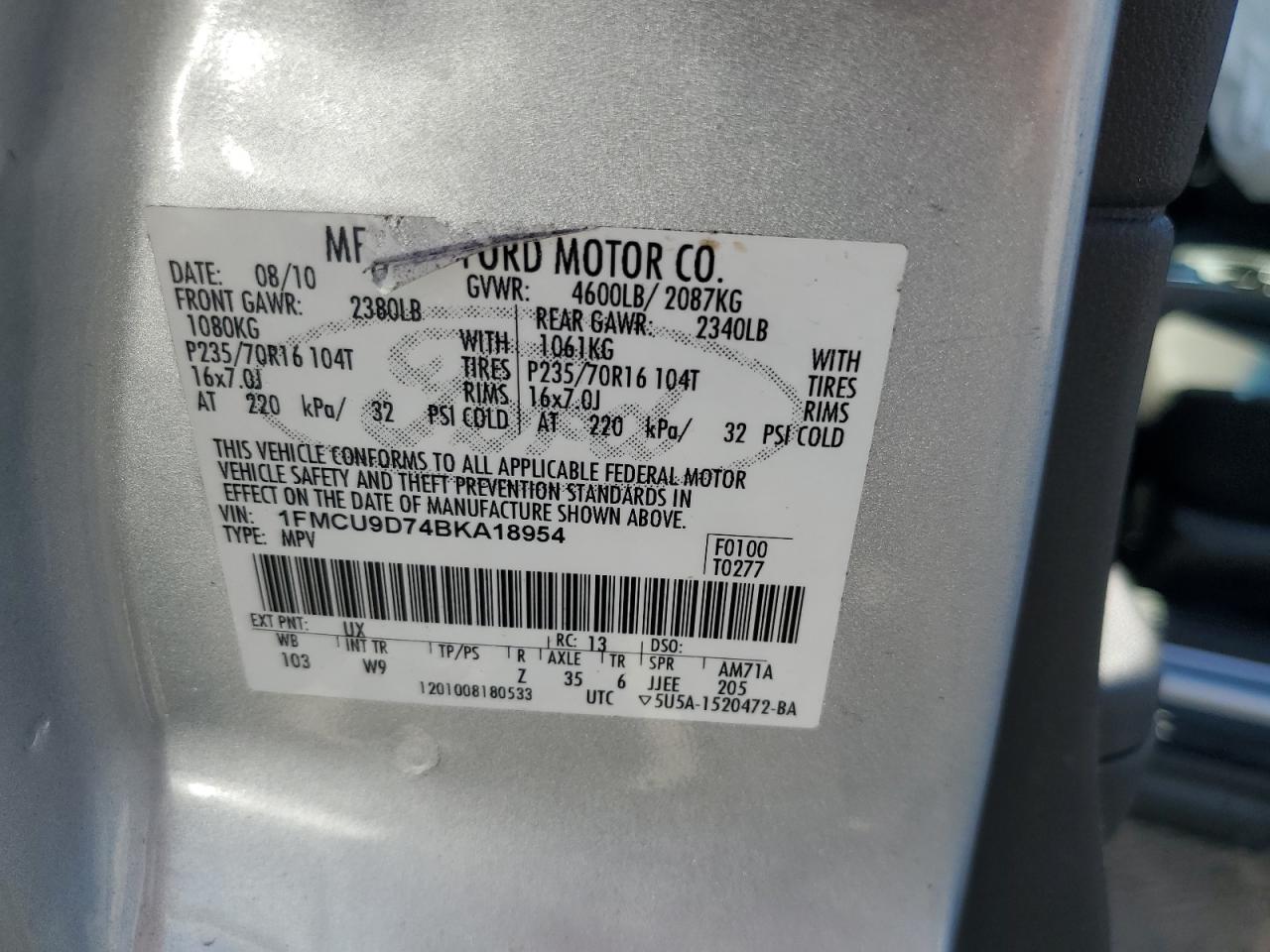 2011 Ford Escape Xlt VIN: 1FMCU9D74BKA18954 Lot: 58041864