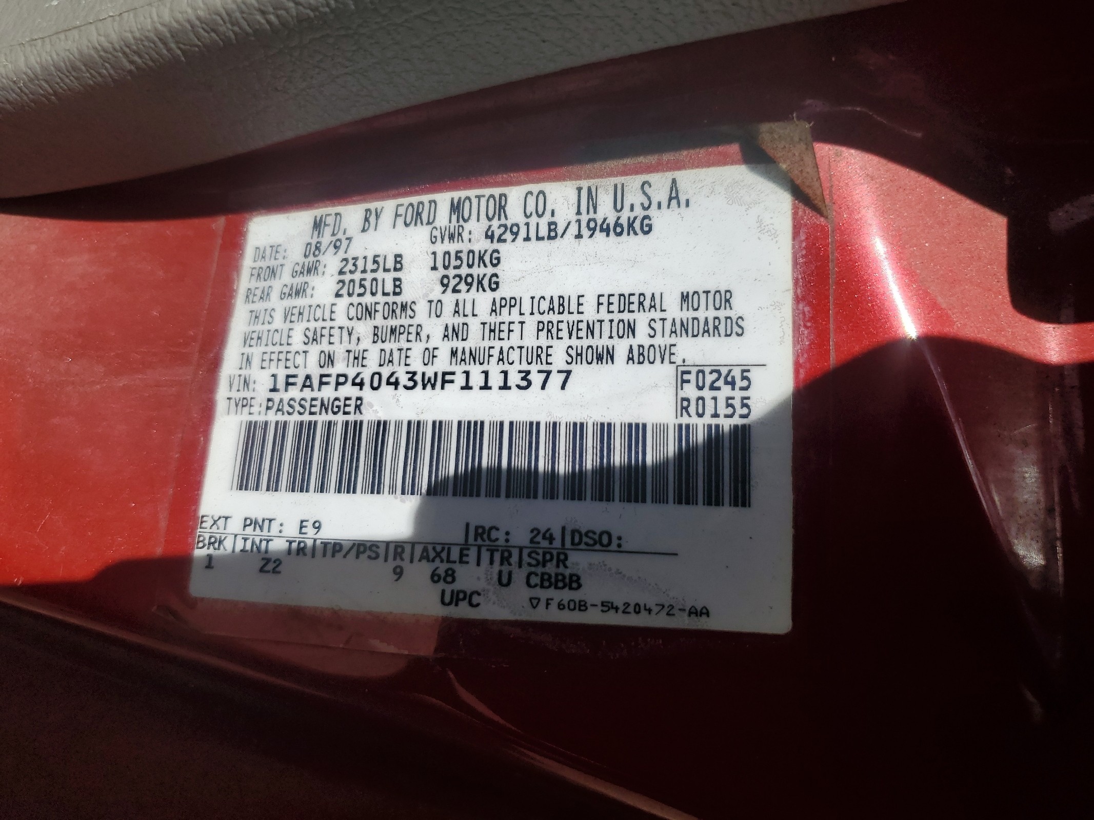 1FAFP4043WF111377 1998 Ford Mustang