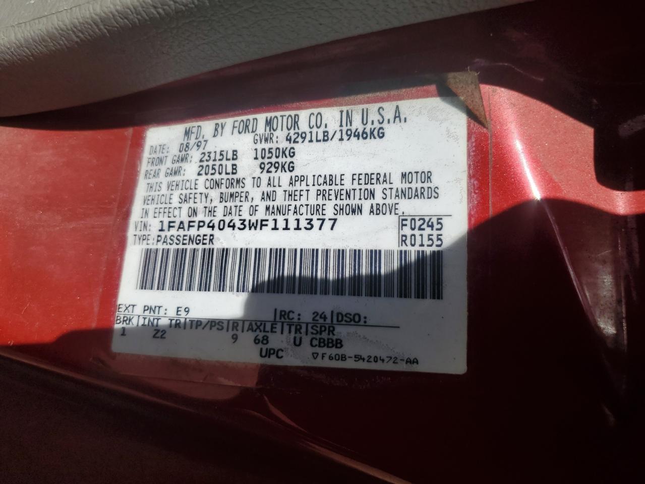 1998 Ford Mustang VIN: 1FAFP4043WF111377 Lot: 61321224