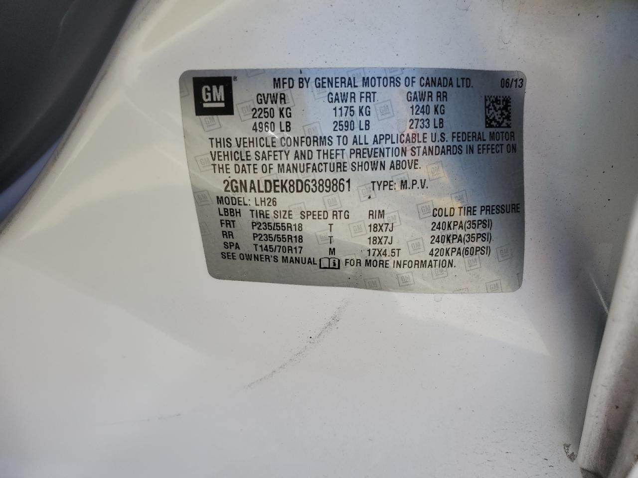 2013 Chevrolet Equinox Lt VIN: 2GNALDEK8D6389861 Lot: 57776284