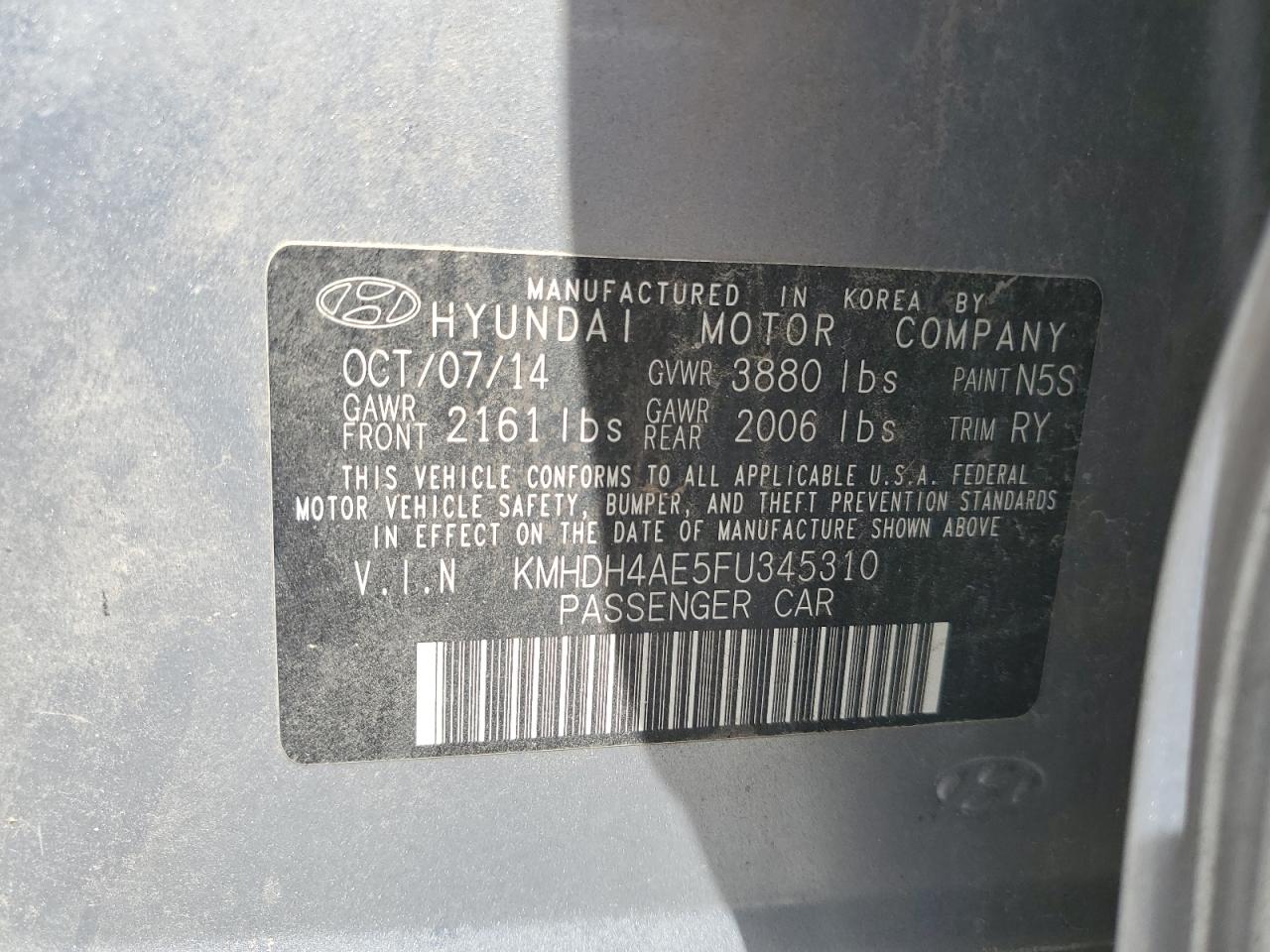 2015 Hyundai Elantra Se VIN: KMHDH4AE5FU345310 Lot: 59615714