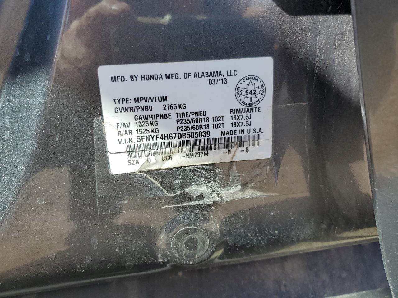 2013 Honda Pilot Exl VIN: 5FNYF4H67DB505039 Lot: 60090884