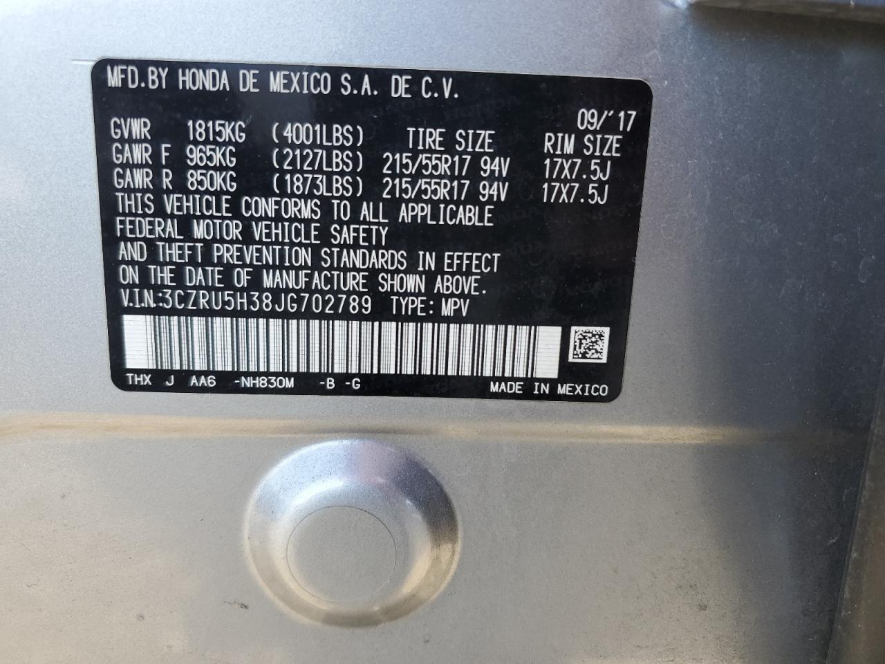 2018 Honda Hr-V Lx VIN: 3CZRU5H38JG702789 Lot: 59718934