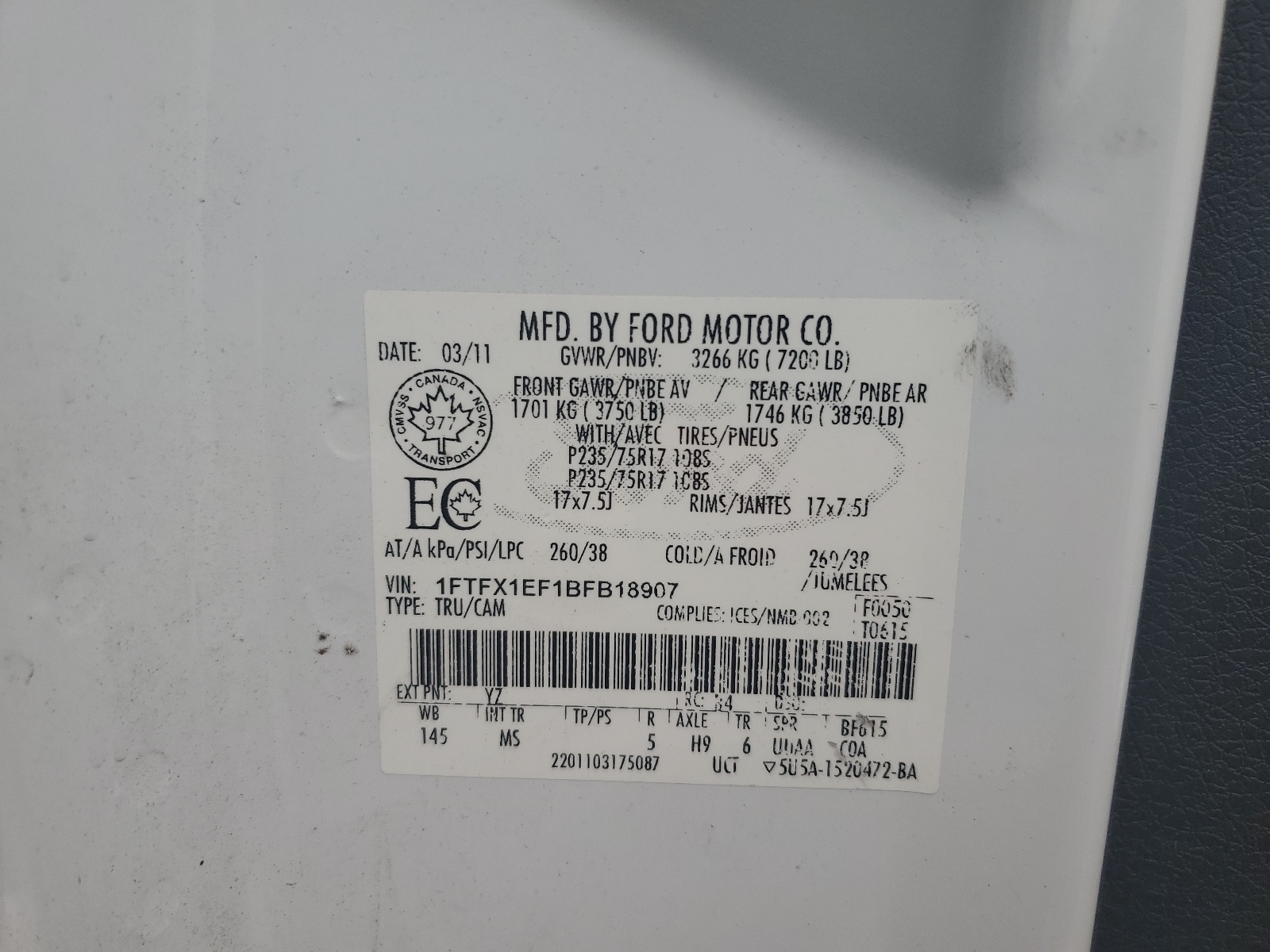 1FTFX1EF1BFB18907 2011 Ford F150 Super Cab