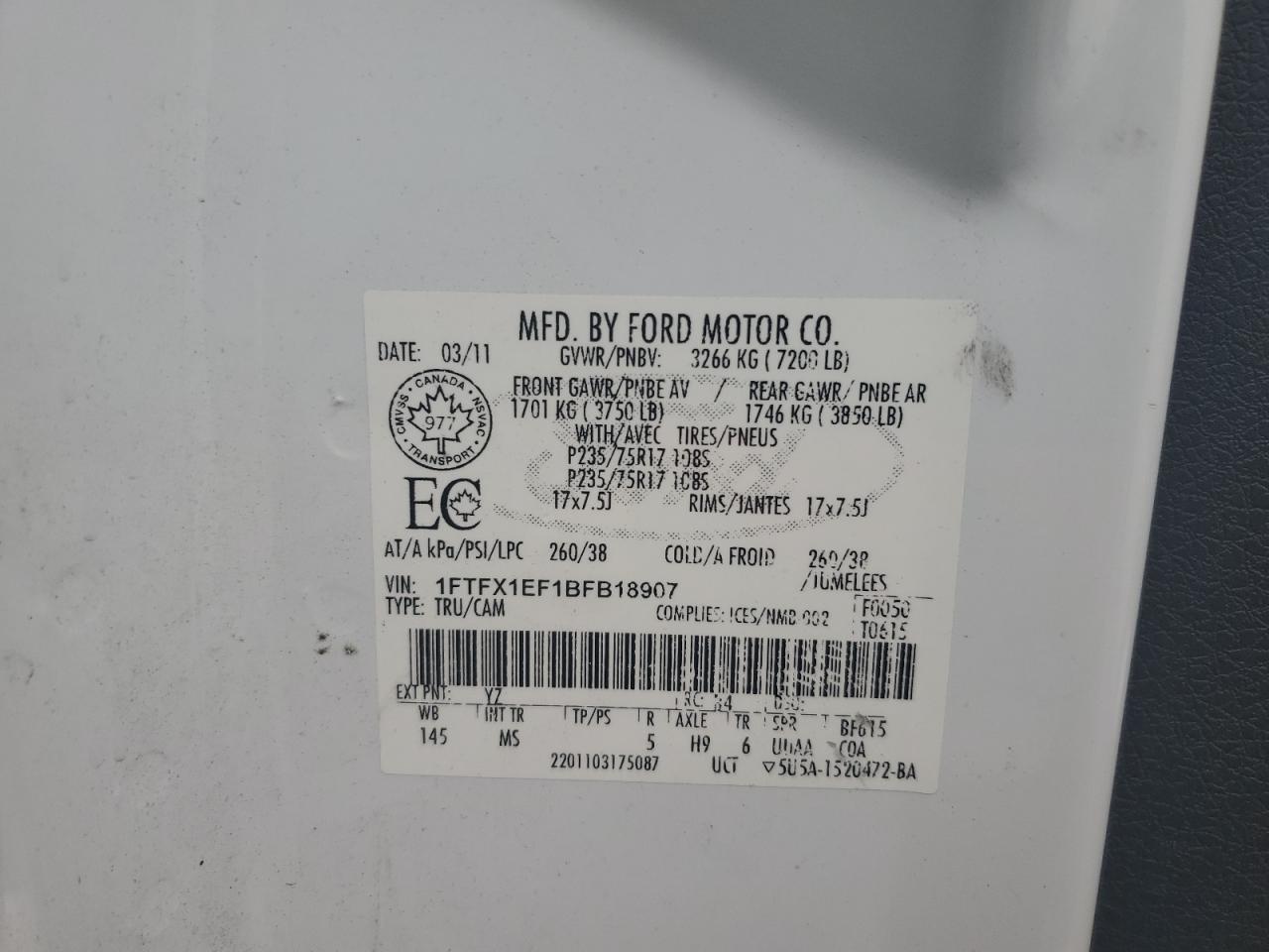 2011 Ford F150 Super Cab VIN: 1FTFX1EF1BFB18907 Lot: 59783804