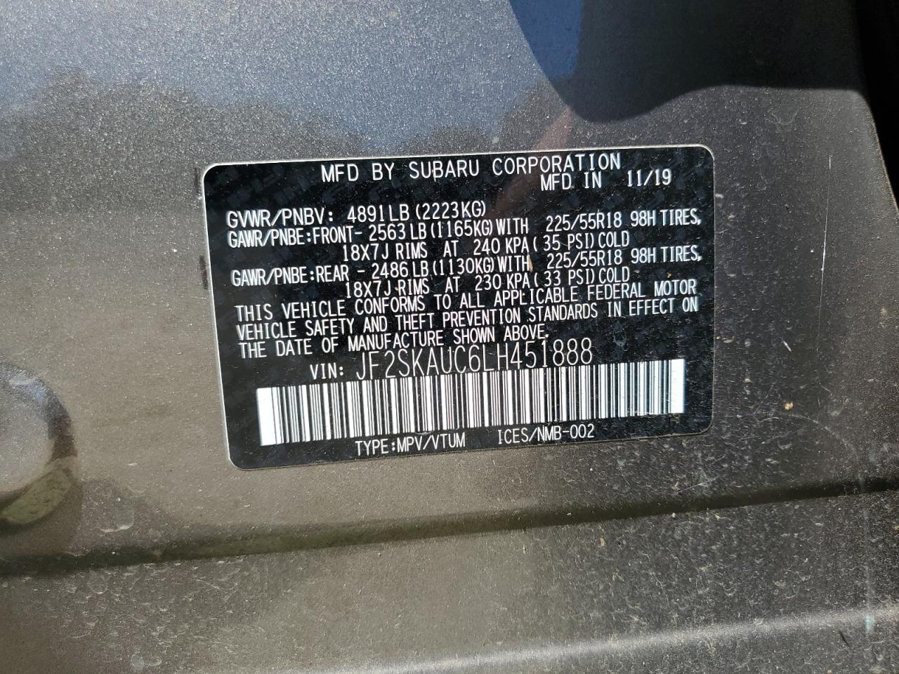 2020 Subaru Forester Limited VIN: JF2SKAUC6LH451888 Lot: 58652084