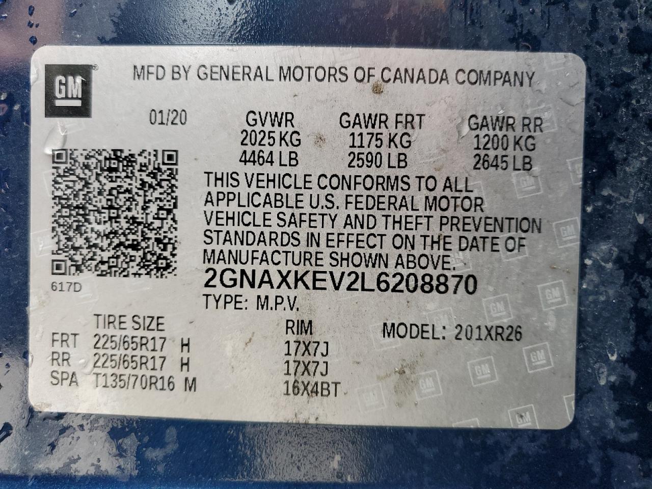 2020 Chevrolet Equinox Lt VIN: 2GNAXKEV2L6208870 Lot: 57254214