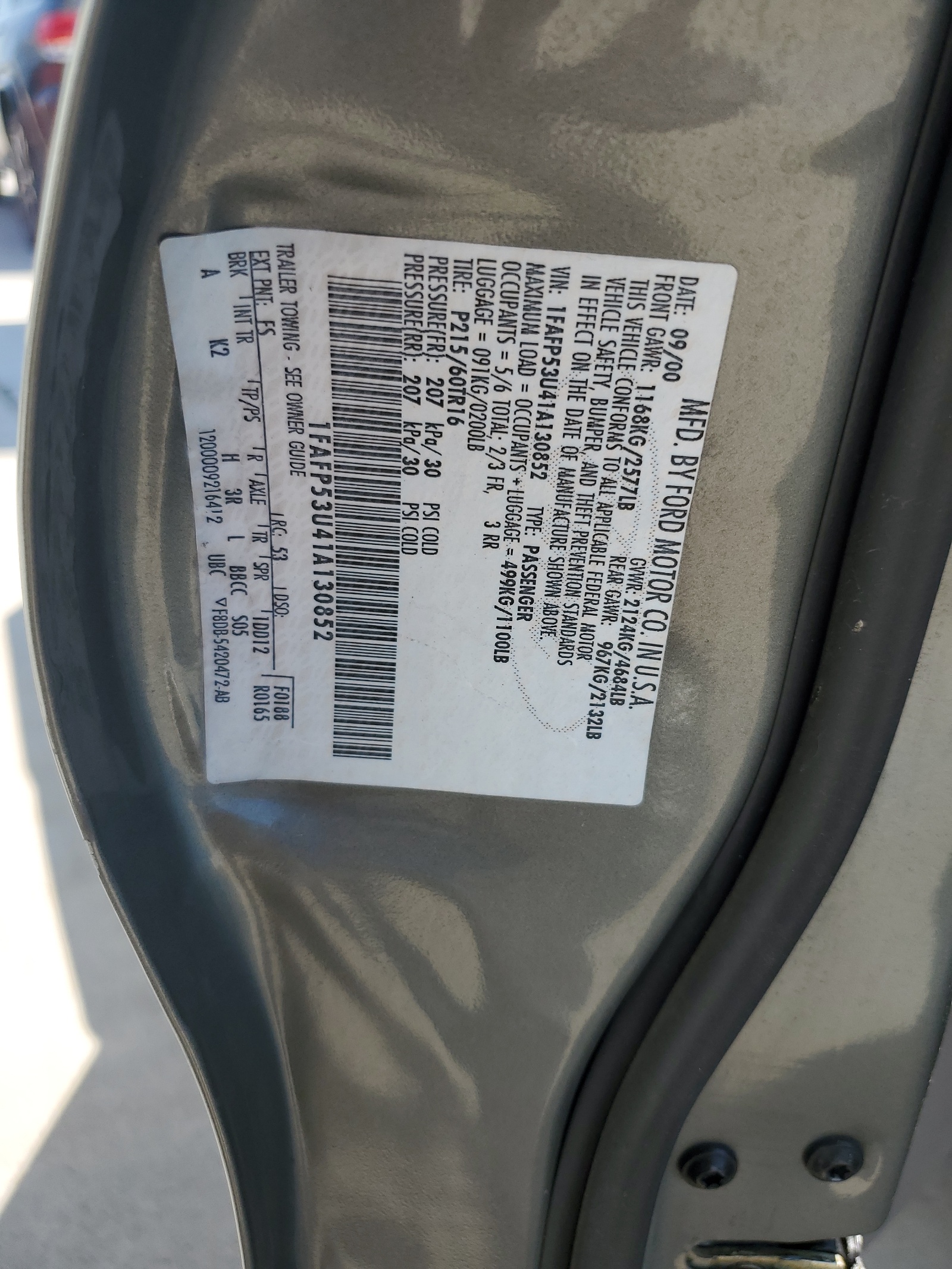 1FAFP53U41A130852 2001 Ford Taurus Se