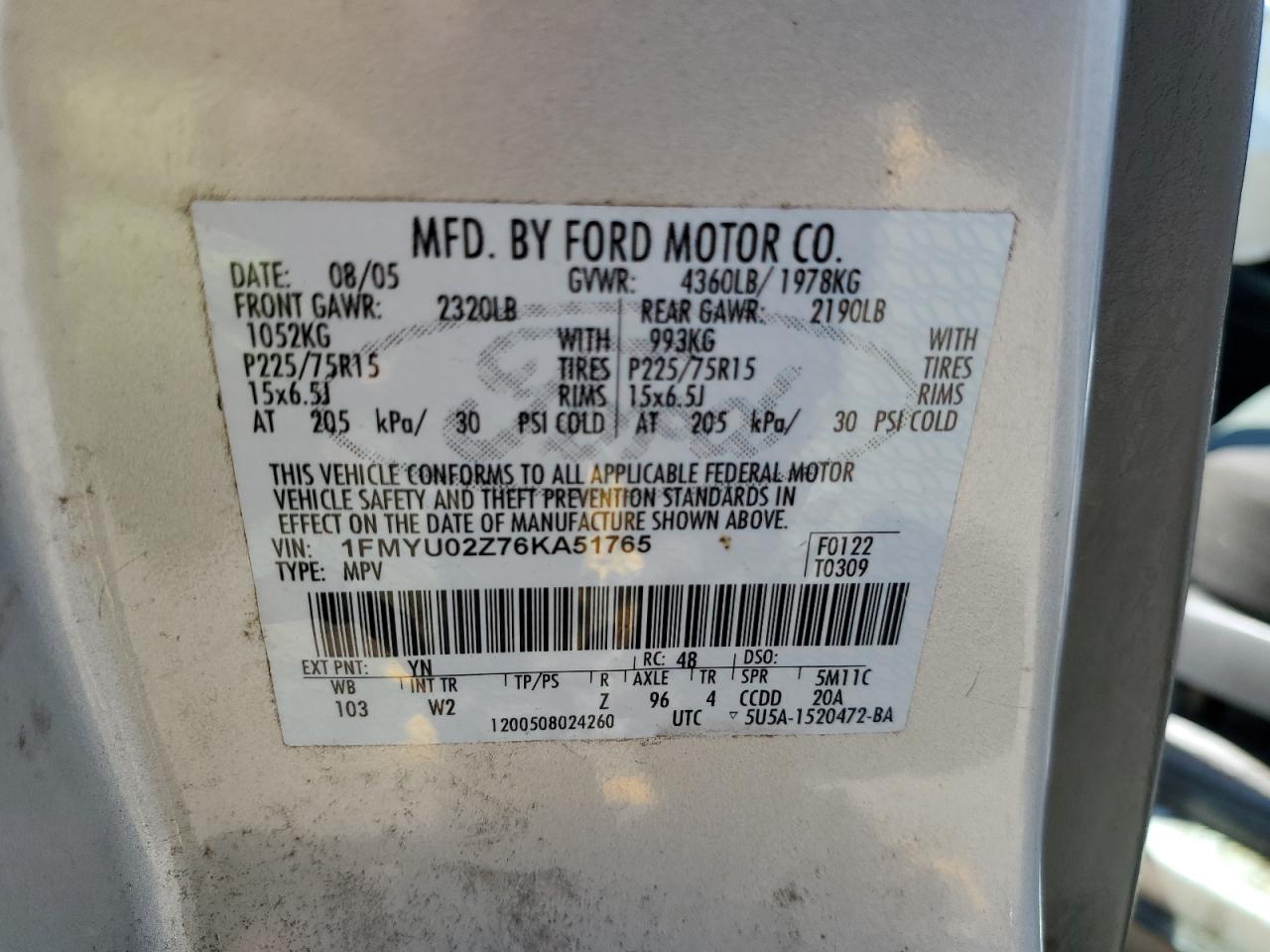 2006 Ford Escape Xls VIN: 1FMYU02Z76KA51765 Lot: 58124164