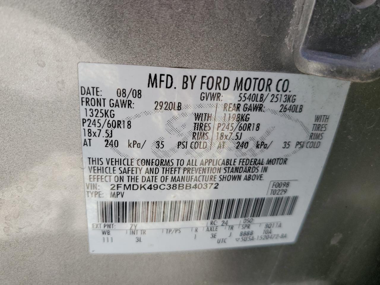 2008 Ford Edge Limited VIN: 2FMDK49C38BB40372 Lot: 57500514