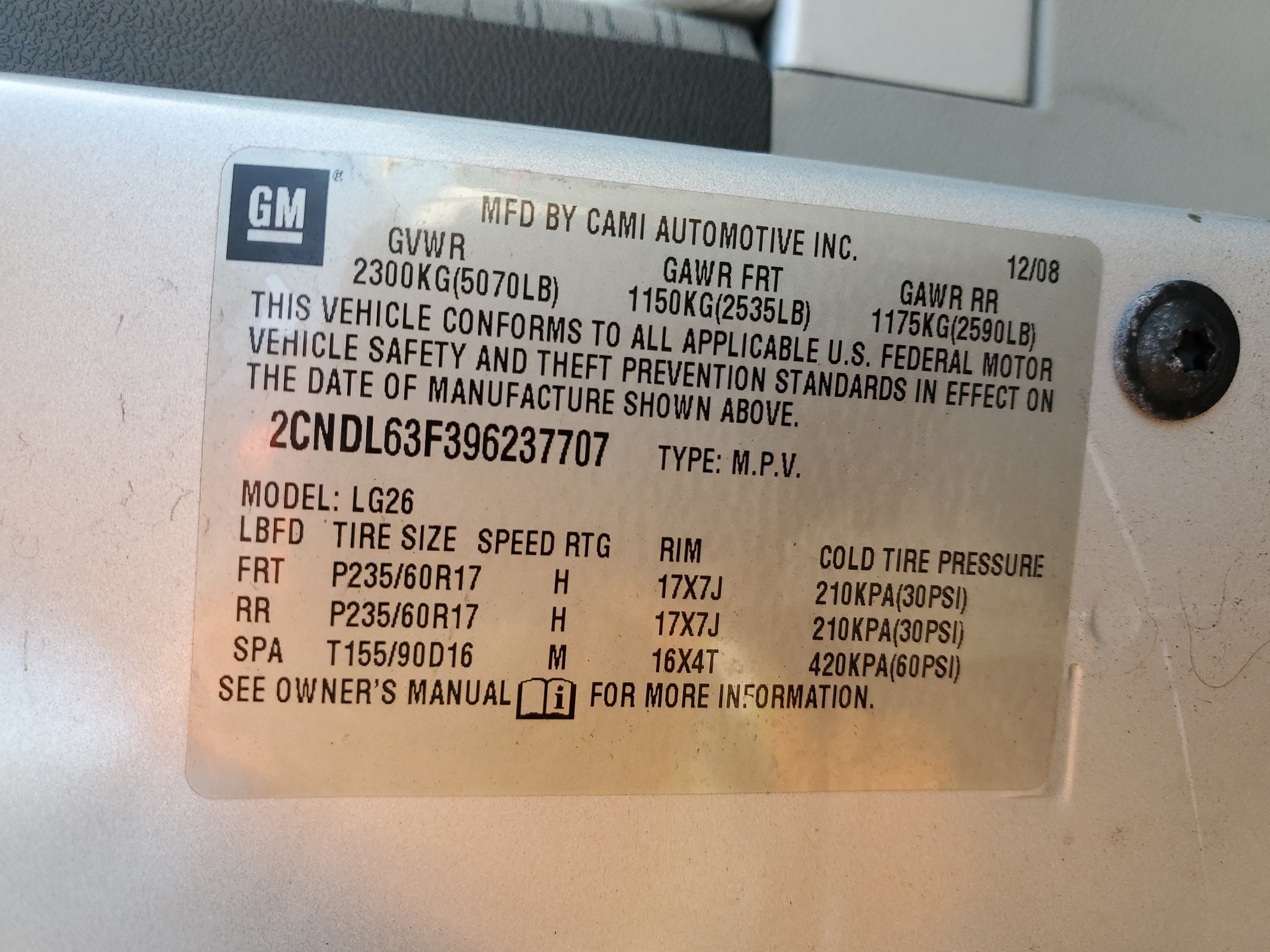 2CNDL63F396237707 2009 Chevrolet Equinox Lt