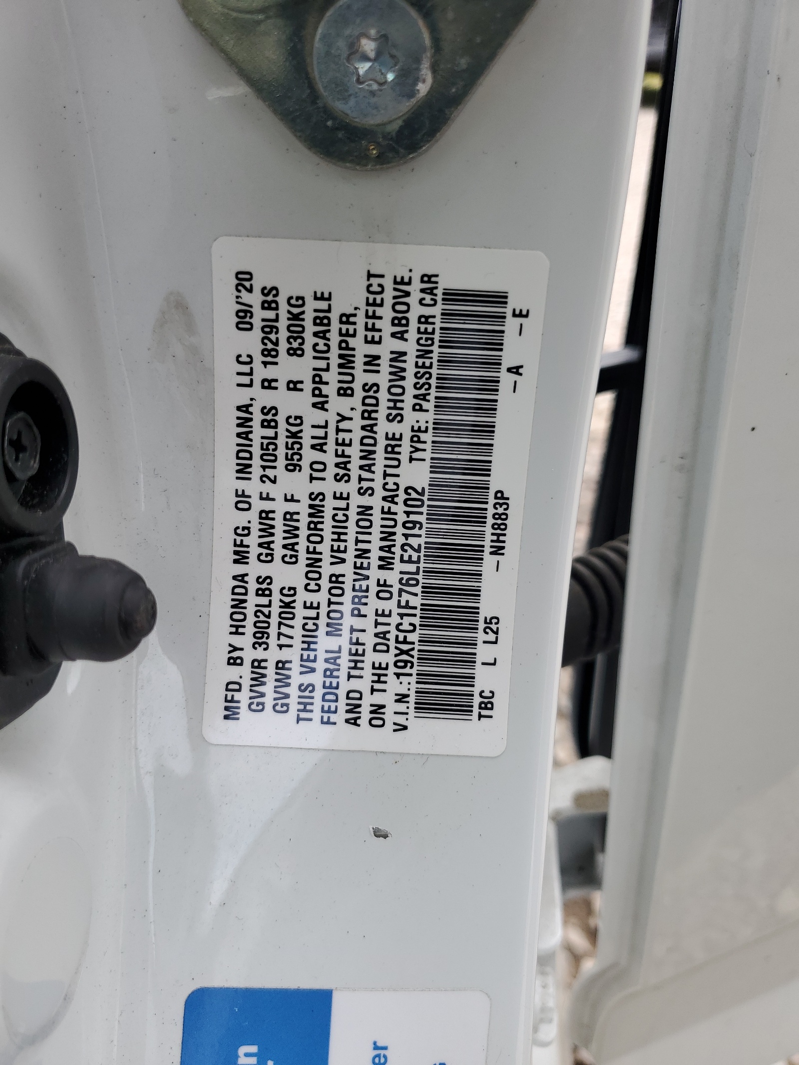 19XFC1F76LE219102 2020 Honda Civic Exl