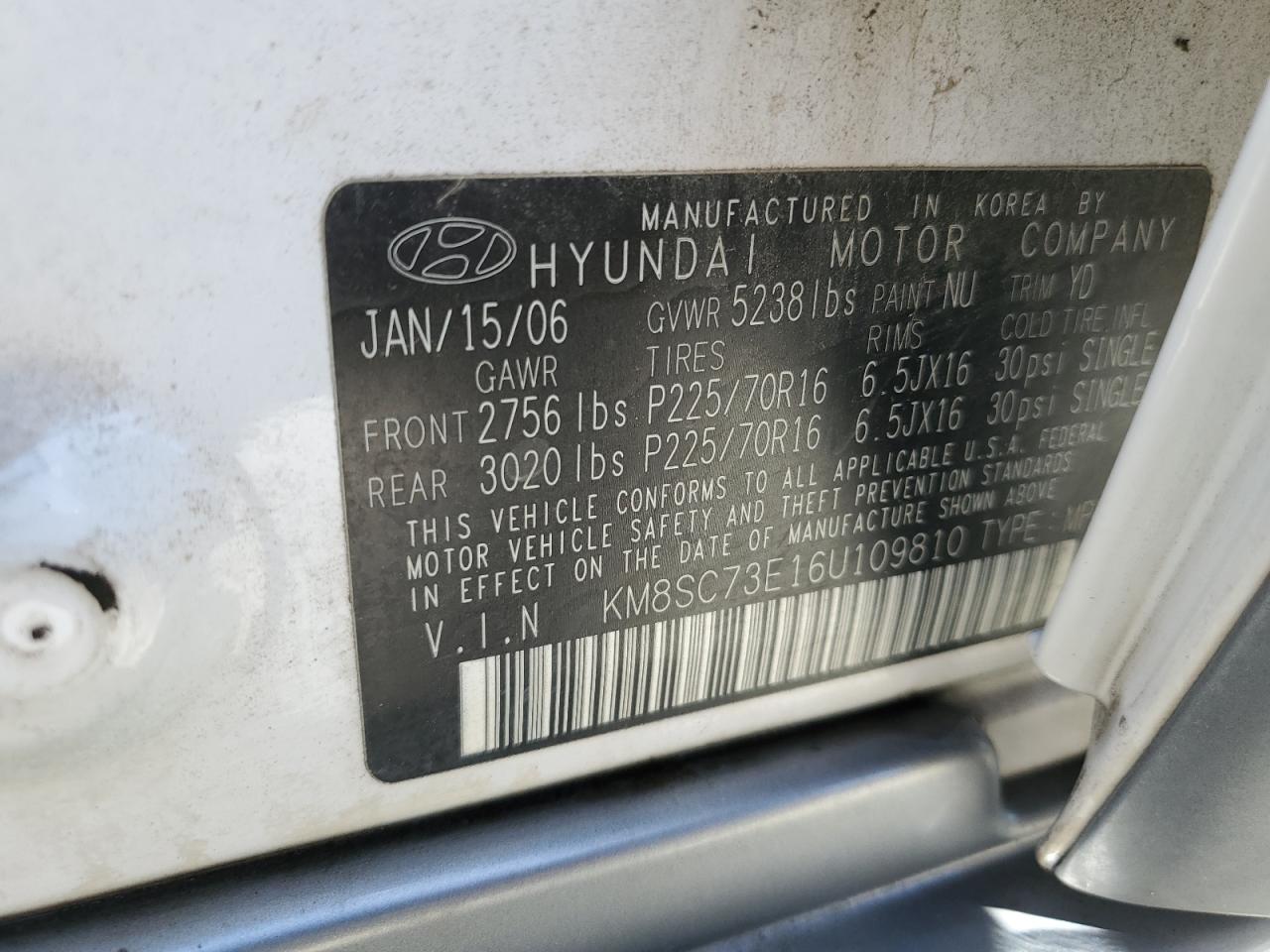 KM8SC73E16U109810 2006 Hyundai Santa Fe Gls