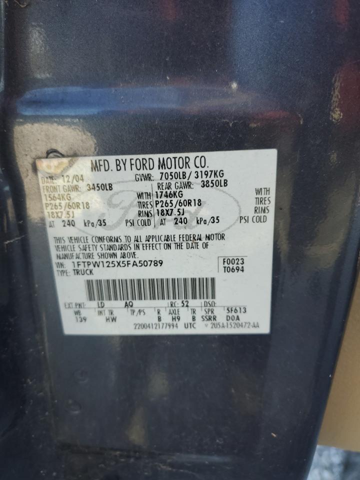 2005 Ford F150 Supercrew VIN: 1FTPW125X5FA50789 Lot: 59953164